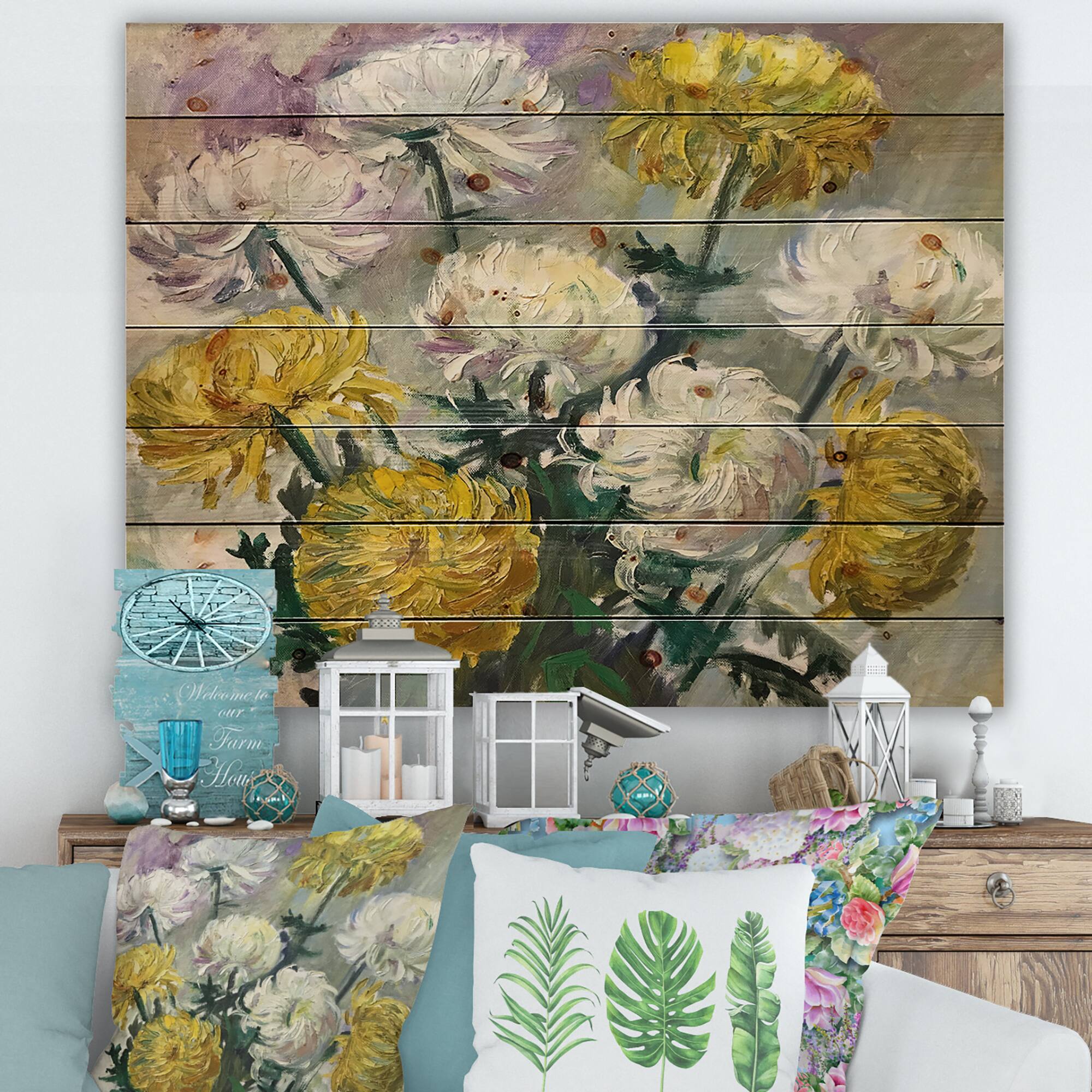 Designart - White and Golden Daisies - Traditional Print on Natural Pine Wood