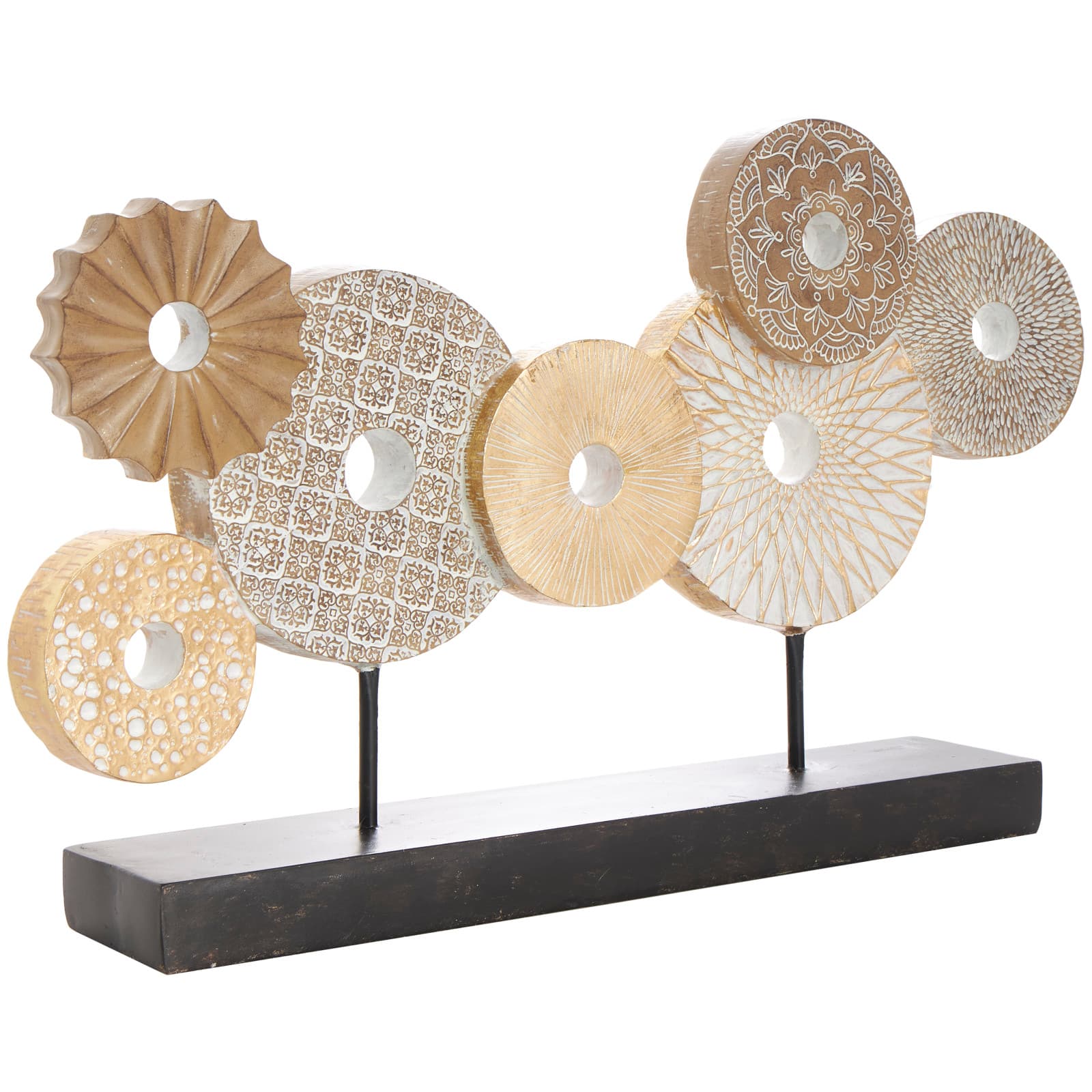 24" Beige Overlapping Carved Circle Disk Floral Sculpture with Black Stand