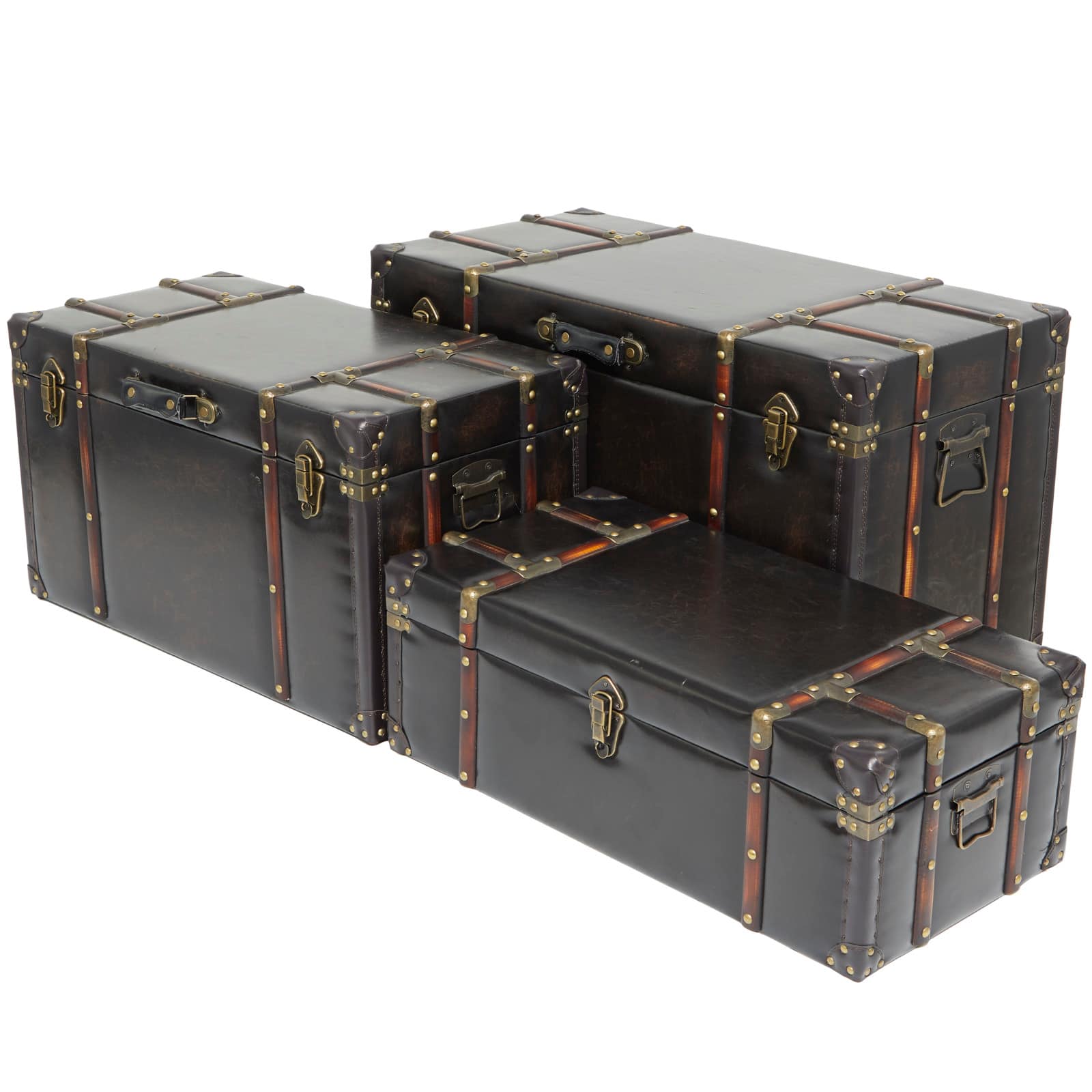 Dark Brown Faux Leather Studded Trunk with Latches & Handles Set