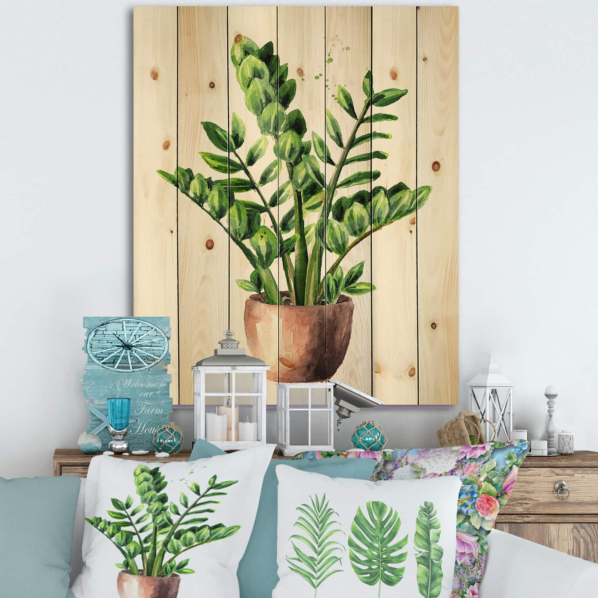 Designart - Zamioculcas Tropical Plant With Green Leaves - Traditional Print on Natural Pine Wood