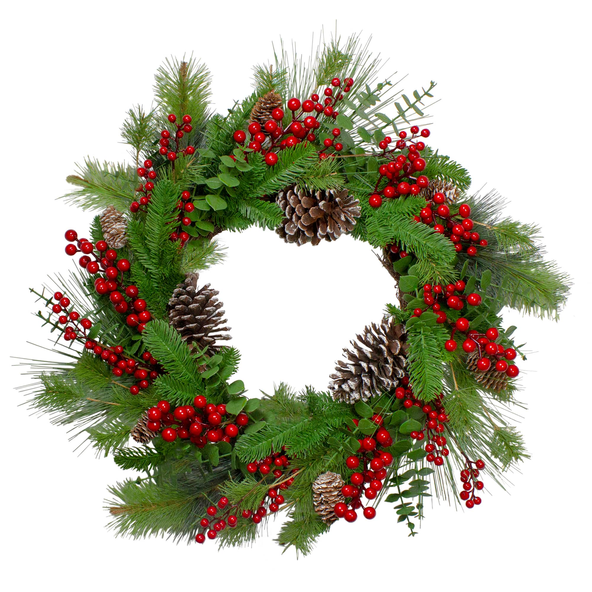 24&#x22; Christmas Artificial Holly Berry &#x26; Snowy Pinecone Wreath