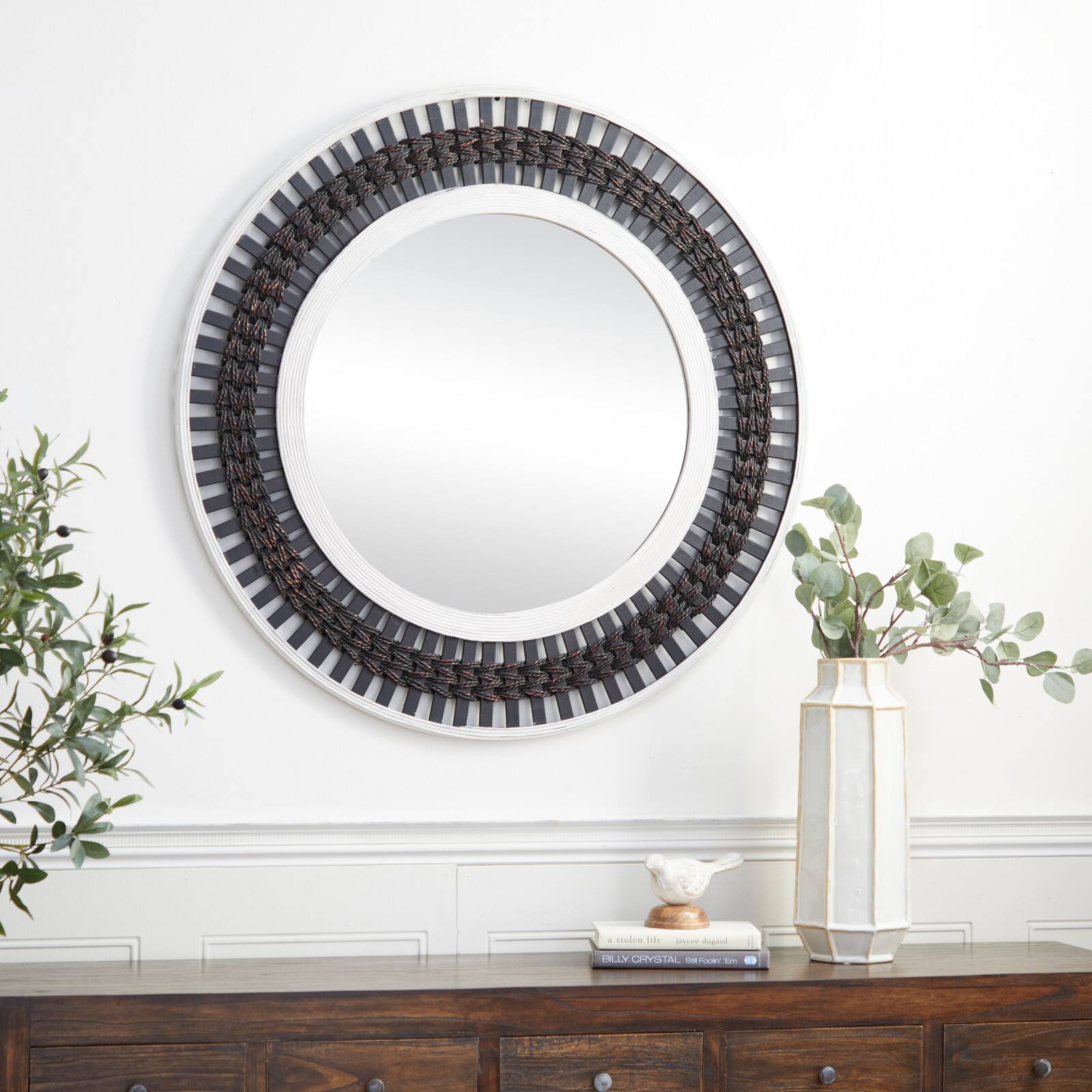36&#x22; Brown Wood Contemporary Round Wall Mirror