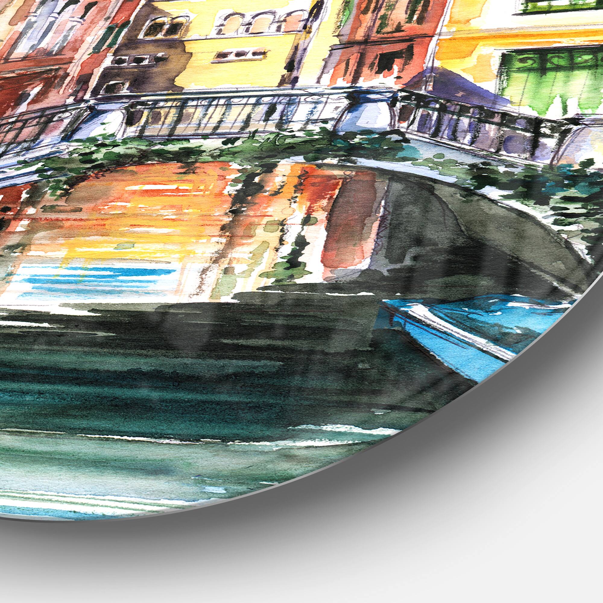 Designart - Venice Canal Meeting Bridge&#x27; Cityscape Metal Circle Wall Art