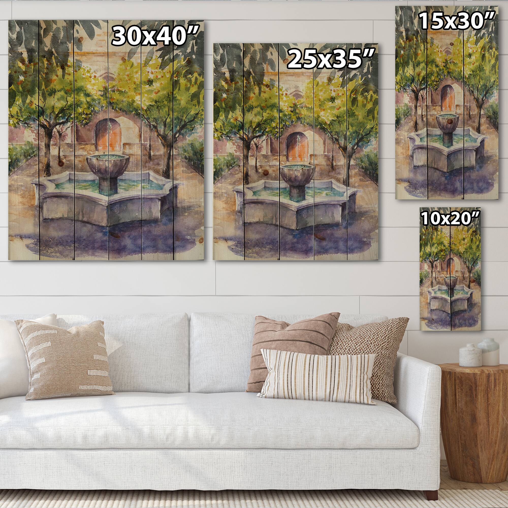 Designart - Small Fountain Picture With Trees In The Village - Country Print on Natural Pine Wood