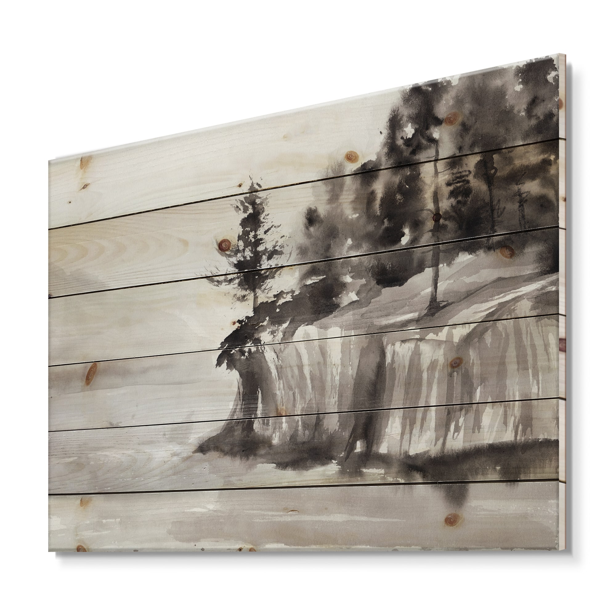 Designart - Monochrome Cliffs By The Lake - Nautical & Coastal Print on Natural Pine Wood