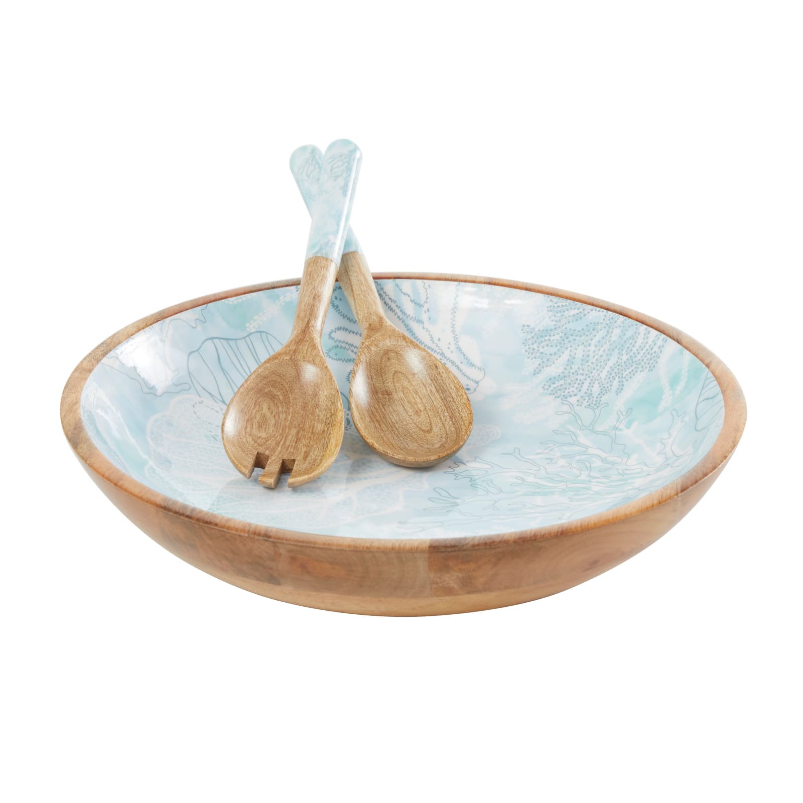 Mango Wood Decorative Bowl with Serving Utensils Set