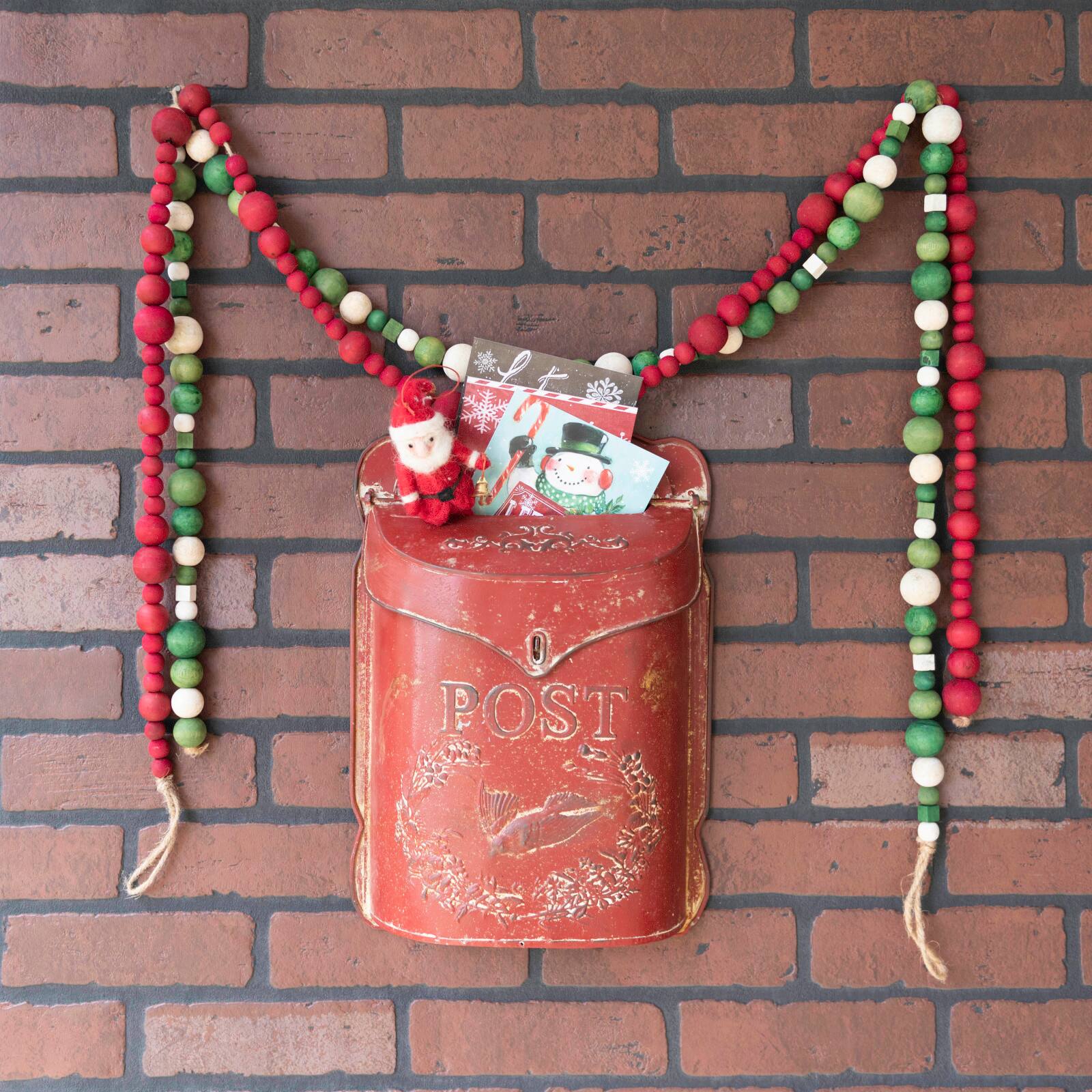 Red Embossed Tin Post Letter Box with Distressed Finish Wall D&#xE9;cor