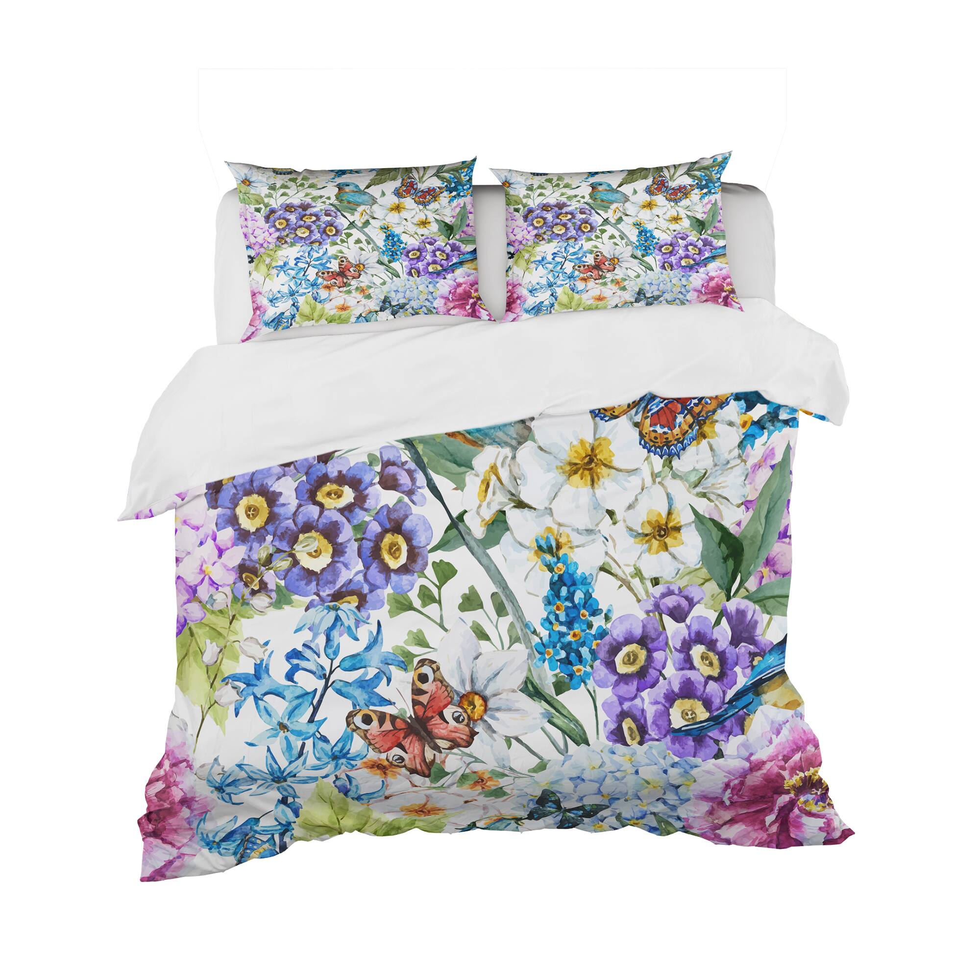 Designart &#x27;Blue Bird And Blue and Purple Blossoming Flowers&#x27; Floral Bedding Set - Duvet Cover &#x26; Shams