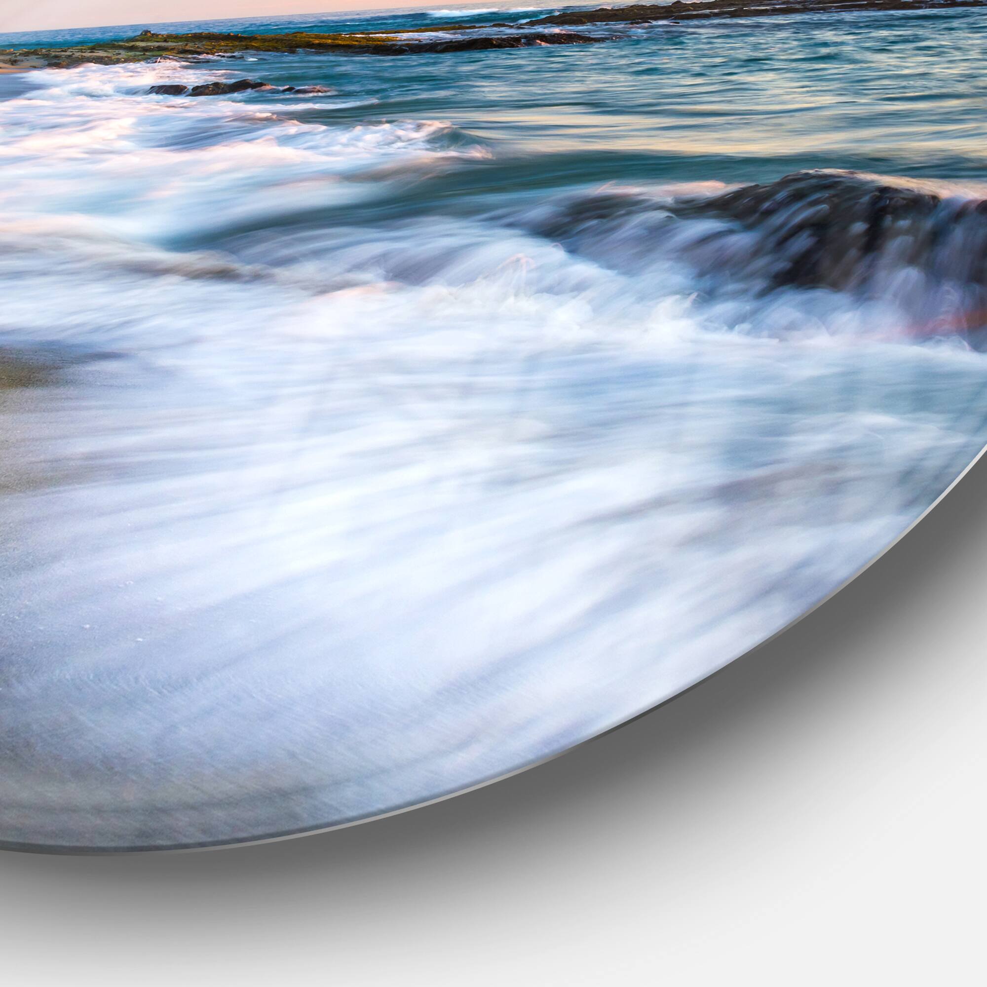 Designart - White Waves Crashing on Rocks' Seascape Metal Circle Wall Art