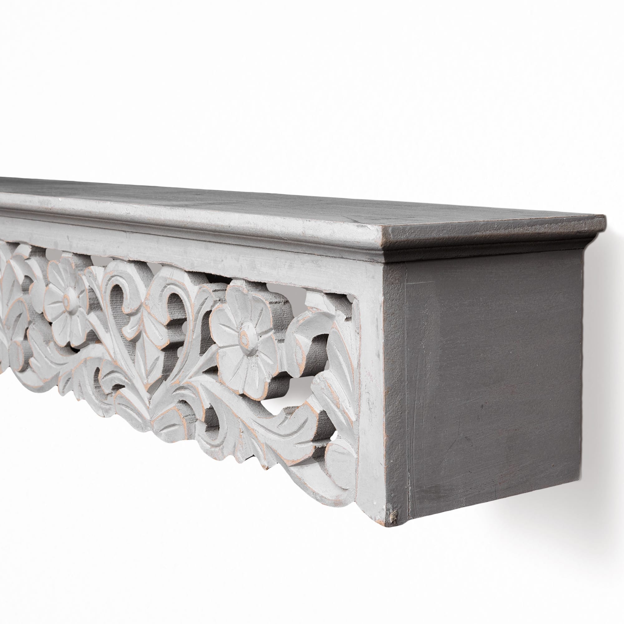 30&#x22; Gray Hand-Carved Medallion Floating Wall Shelf