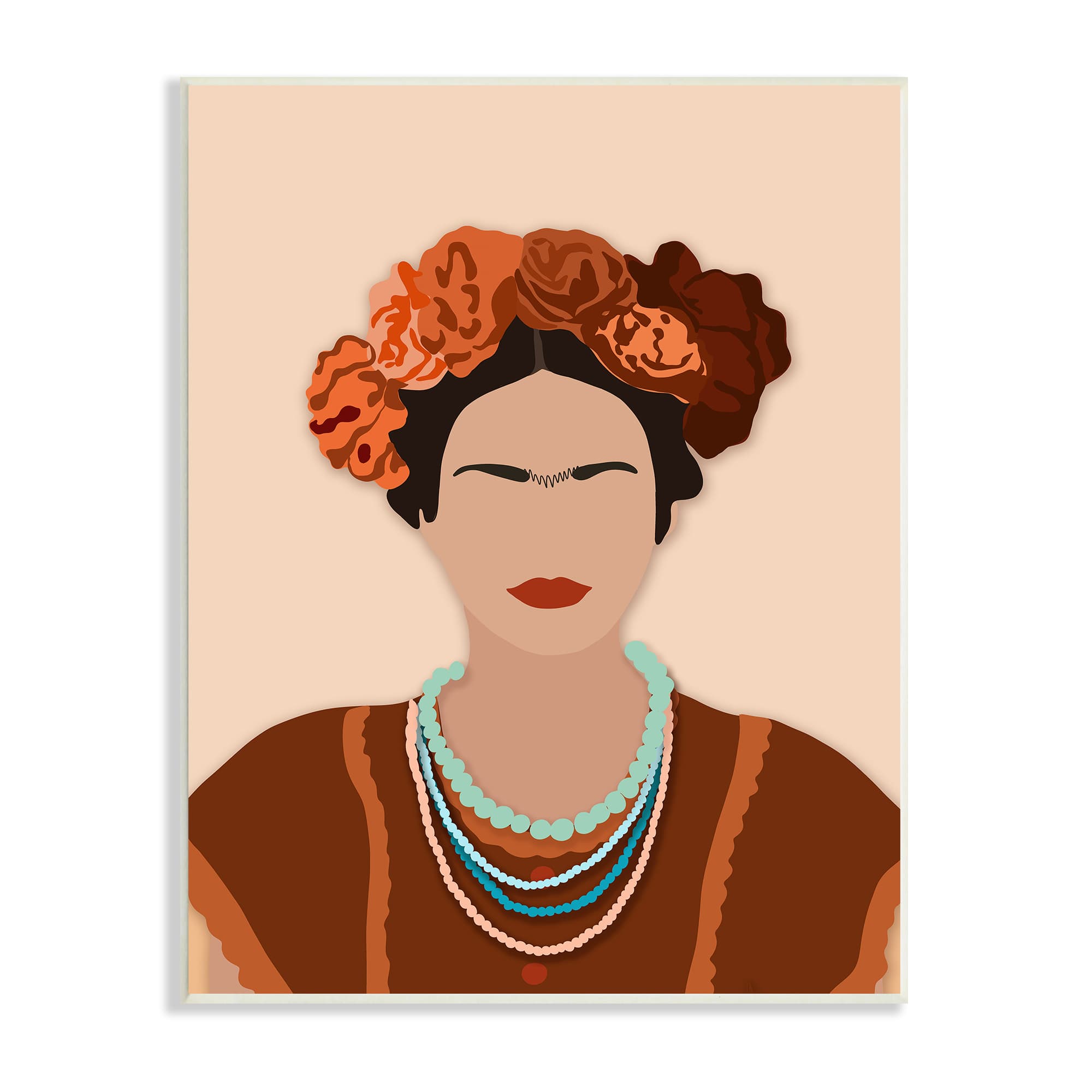 Stupell Industries Frida Artist Portrait Orange Floral Blue Bead Necklace Wall Plaque
