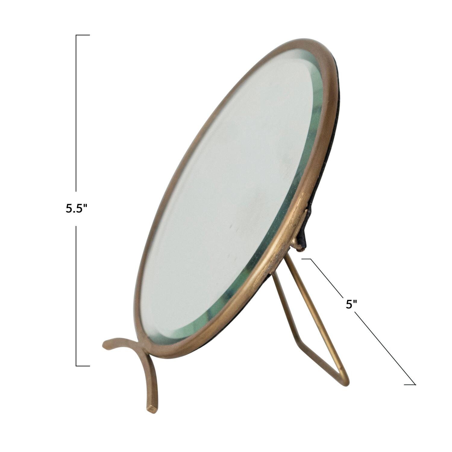 Hello Honey® 5.5" Gold Brass Round Mirror On Stand in Antique Finish