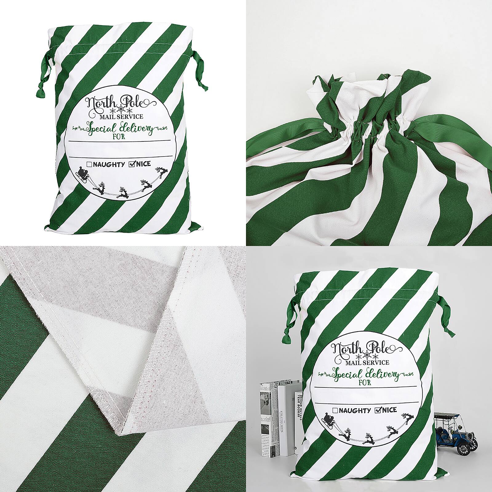 Personality Case&#x2122; 17&#x22; x 26&#x22; Green &#x26; White Stripe Cotton Christmas Drawstring Bag