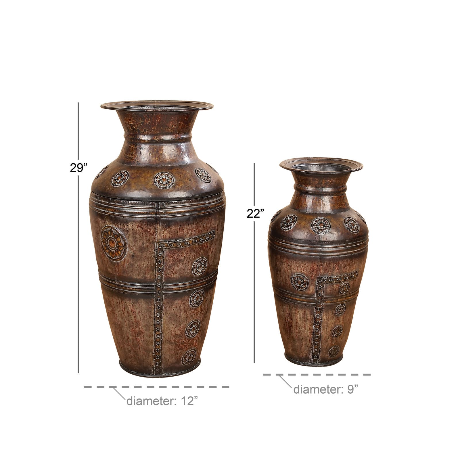 Set of 2 Brown Metal Rustic Vase, 29&#x22;, 22&#x22;