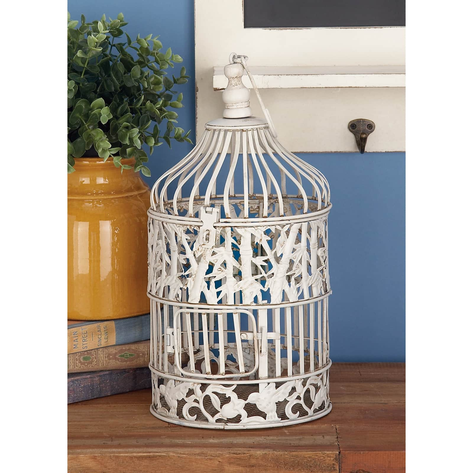 Vintage Distressed White Metal Floral Bird Cage Set