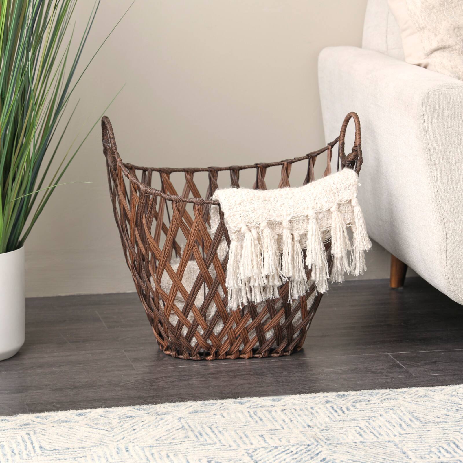 21" Bronze Plastic Rattan Geometric Woven Storage Basket