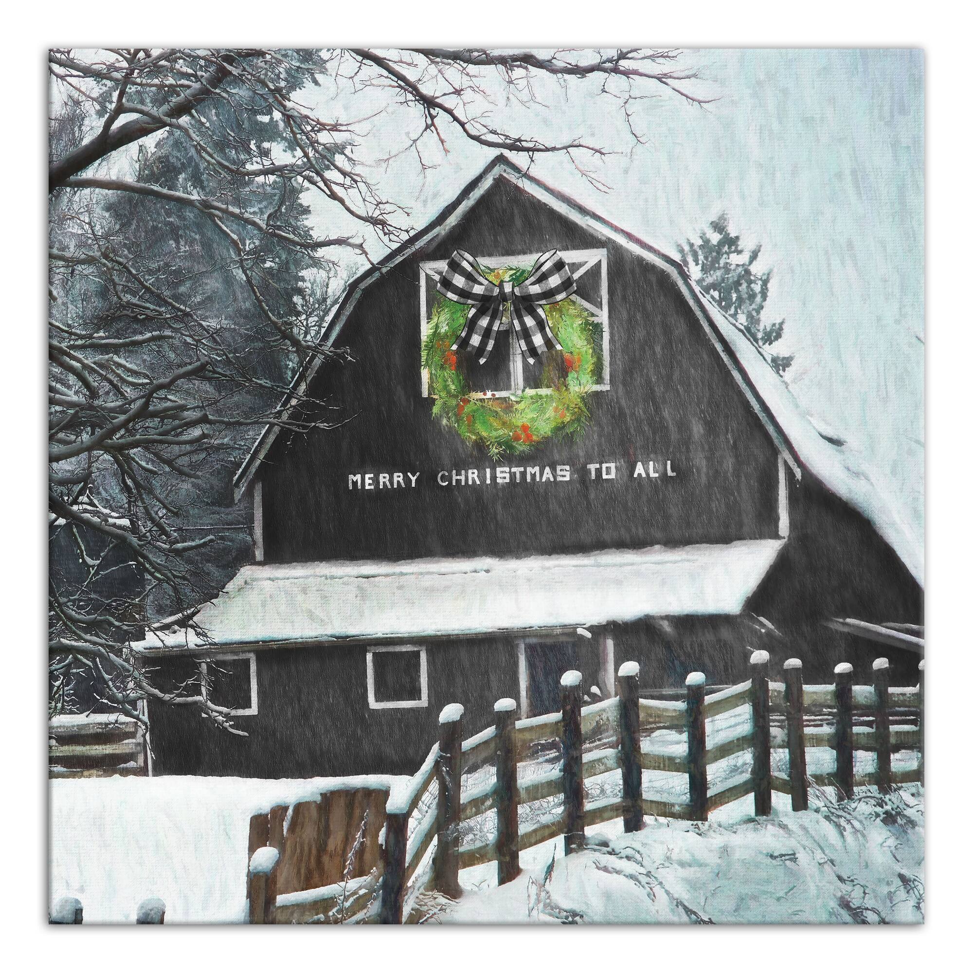 Black Barn with Wreath 36x36 Canvas Wall Art