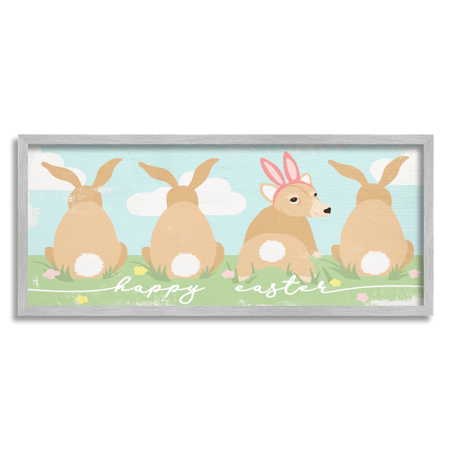 Stupell Industries Happy Easter Sentiment Bunny Tails Funny Corgi Dog Framed Giclee Art