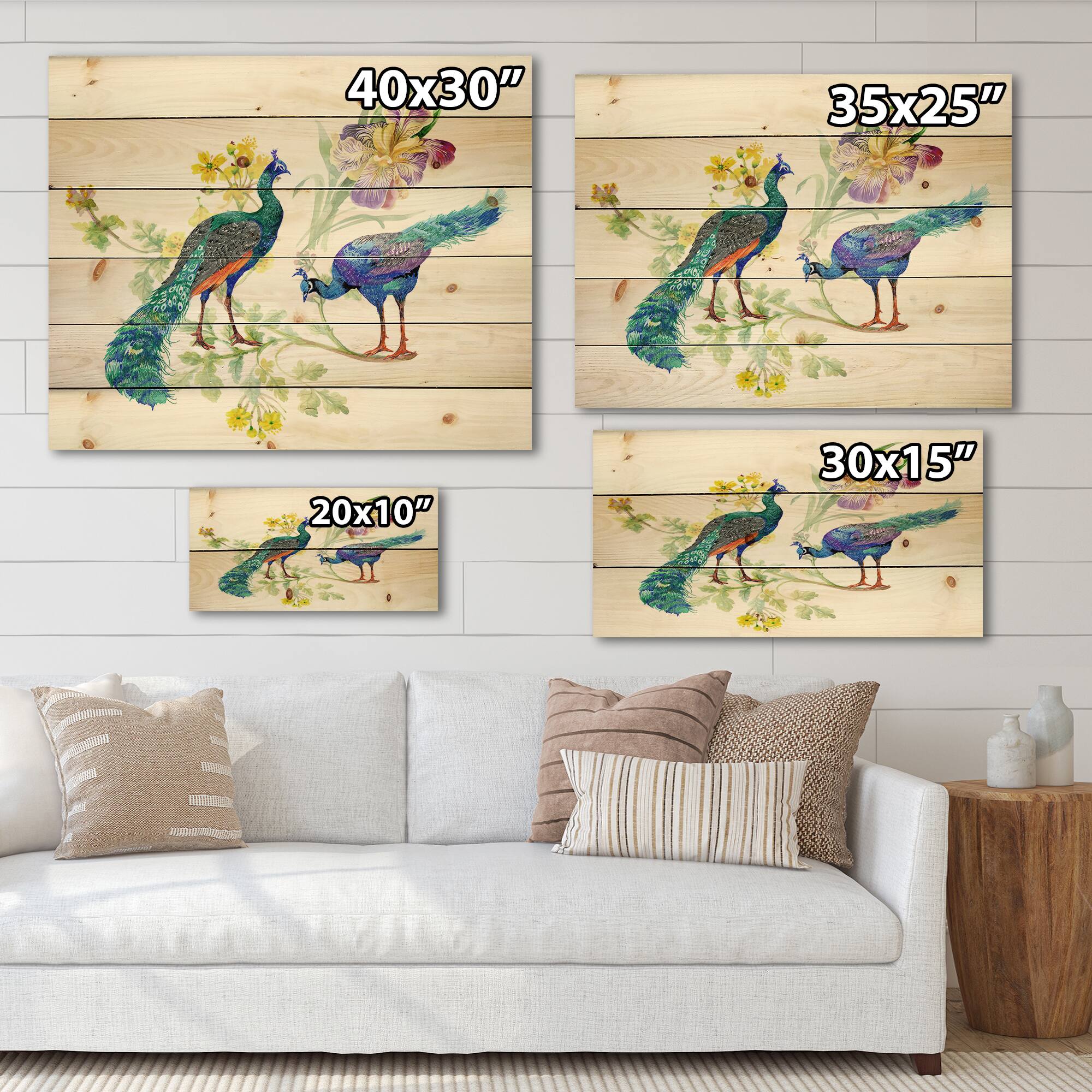 Designart - Peacocks and Iris Flowers - Traditional Print on Natural Pine Wood