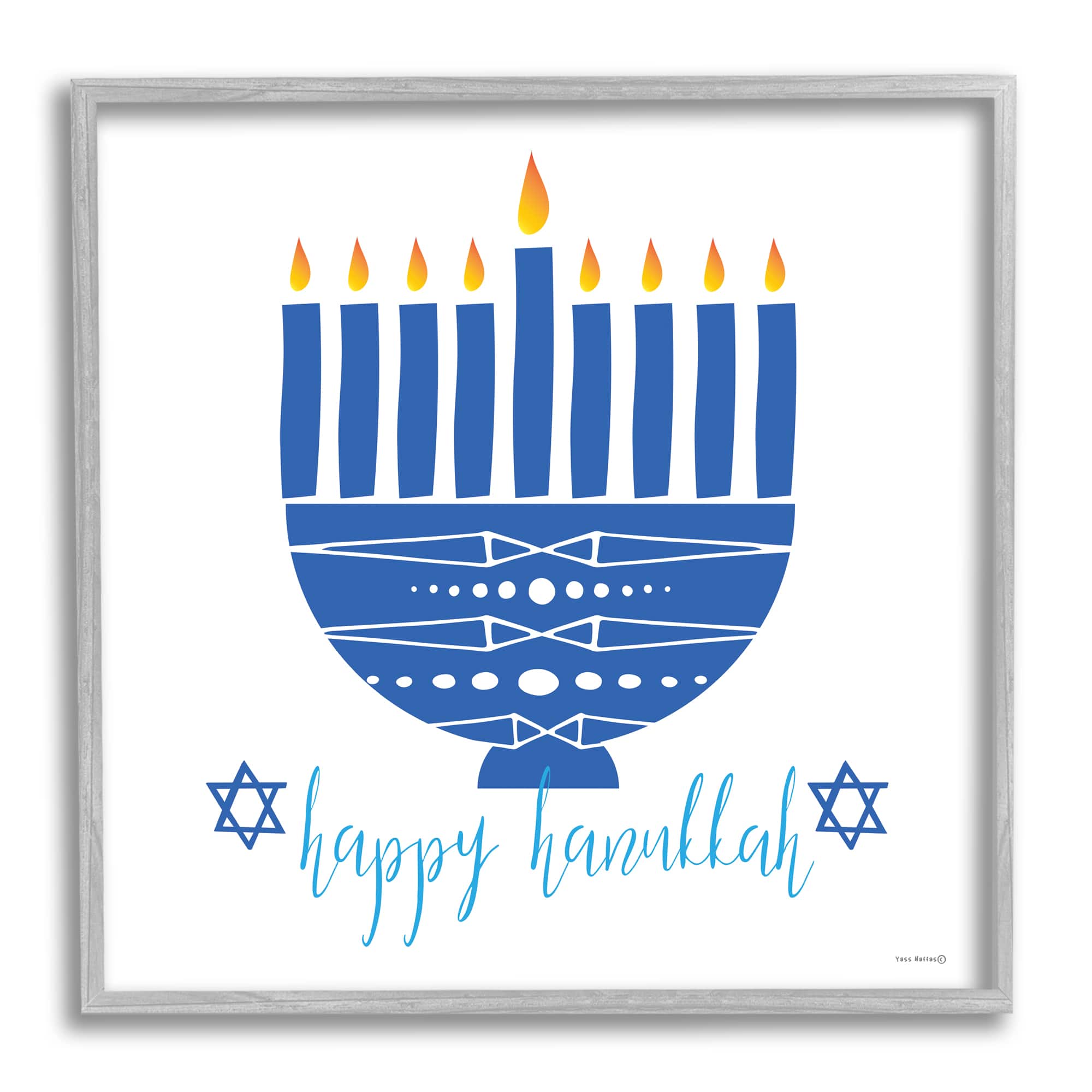 Stupell Industries Happy Hanukkah Patterned Blue Menorah Framed Giclee Art