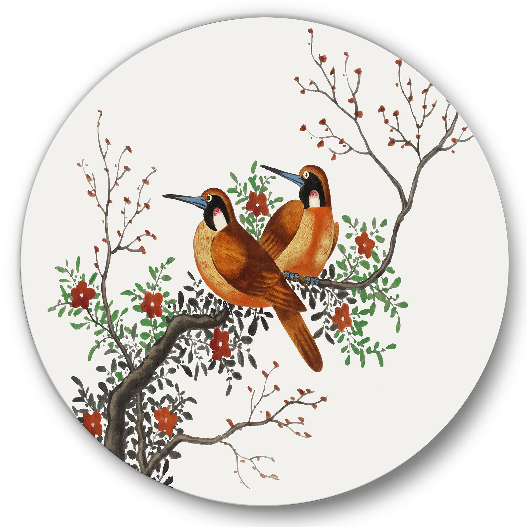 Designart - Two Chinese Birds On A Flowering Tree Branch - Traditional Metal Circle Wall Art