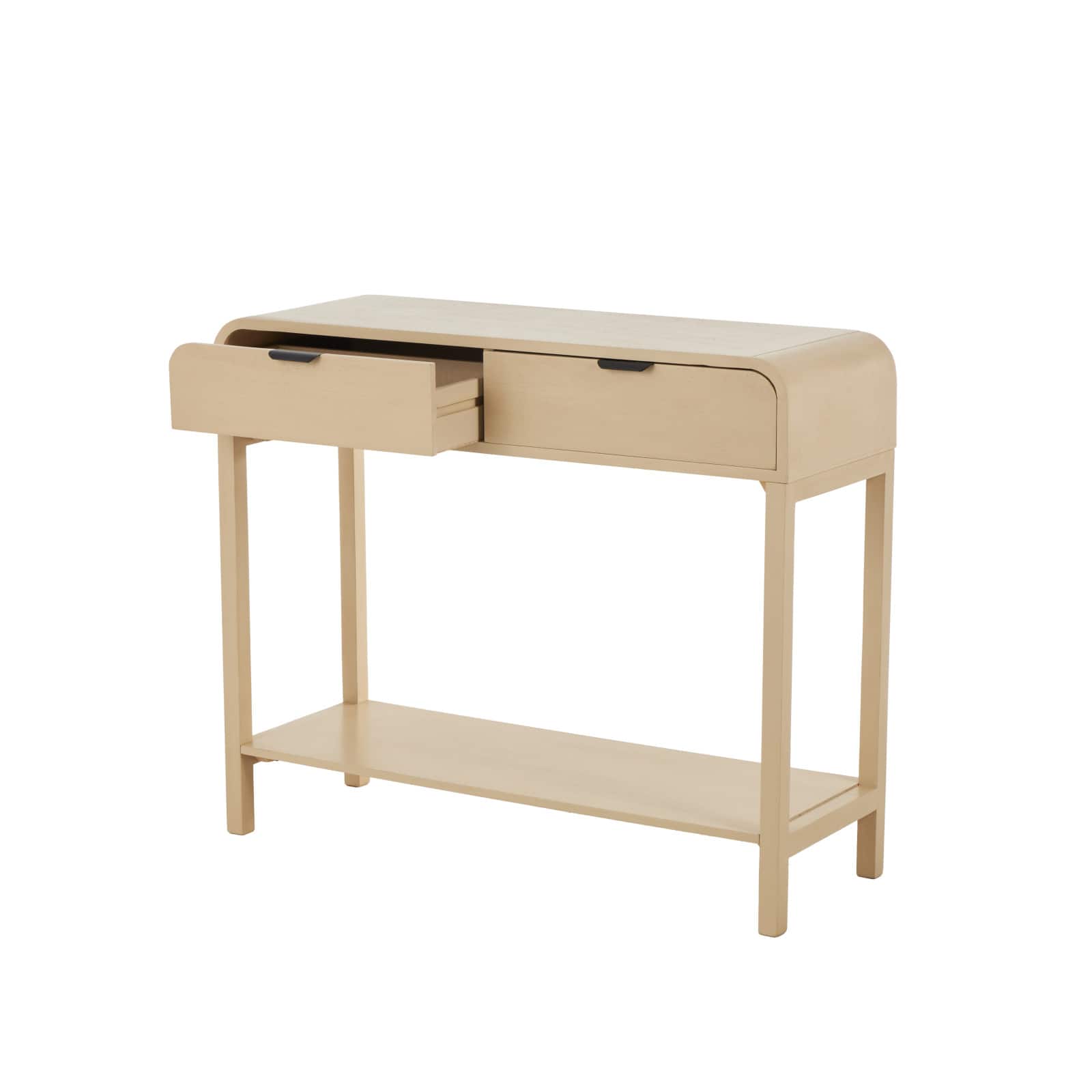 35.5&#x22; Beige Wood Handmade 2-Drawer Console Table with Black Handles
