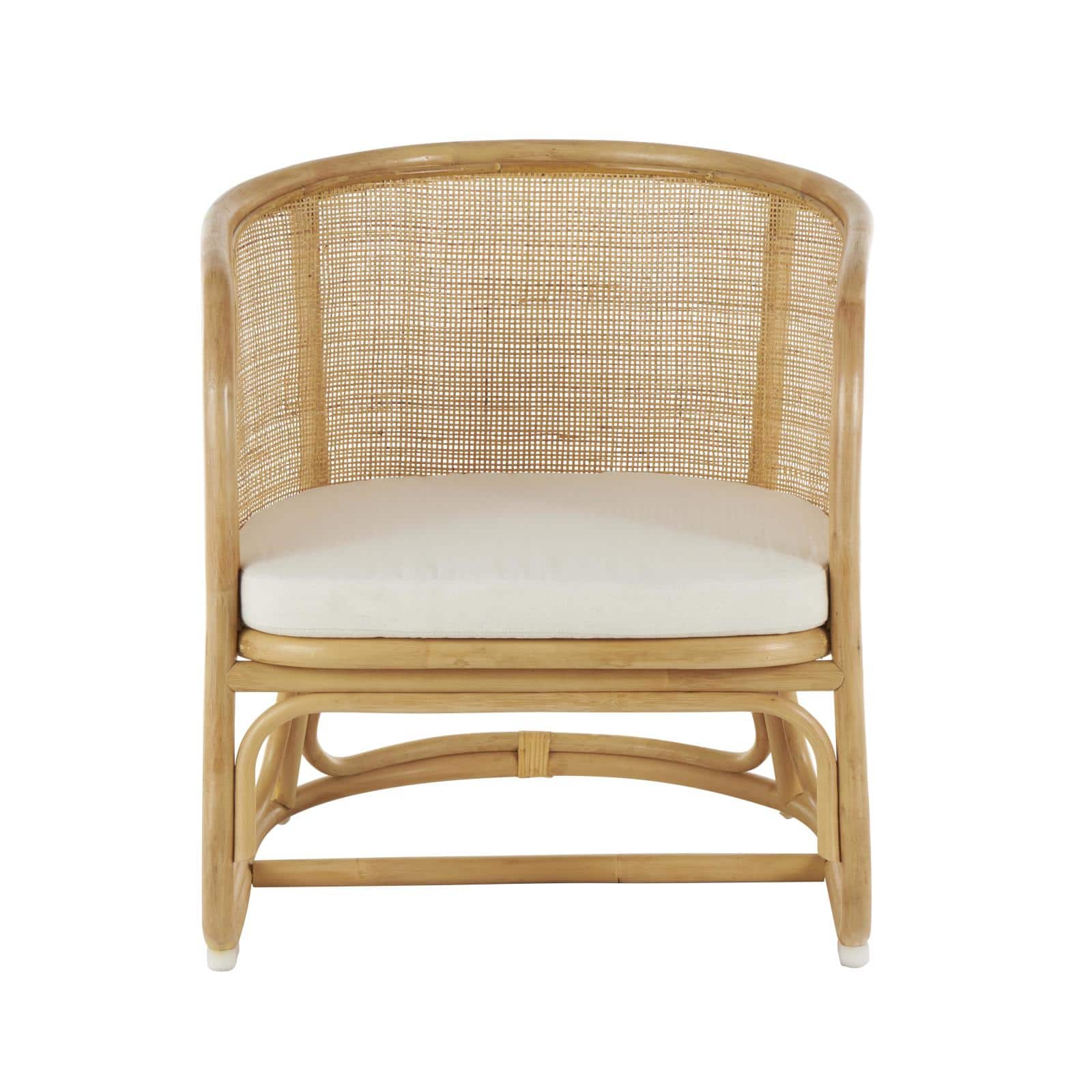 25" x 29" x 28" Light Brown Rattan Woven Rounded Accent Chair with White Fabric Cushion