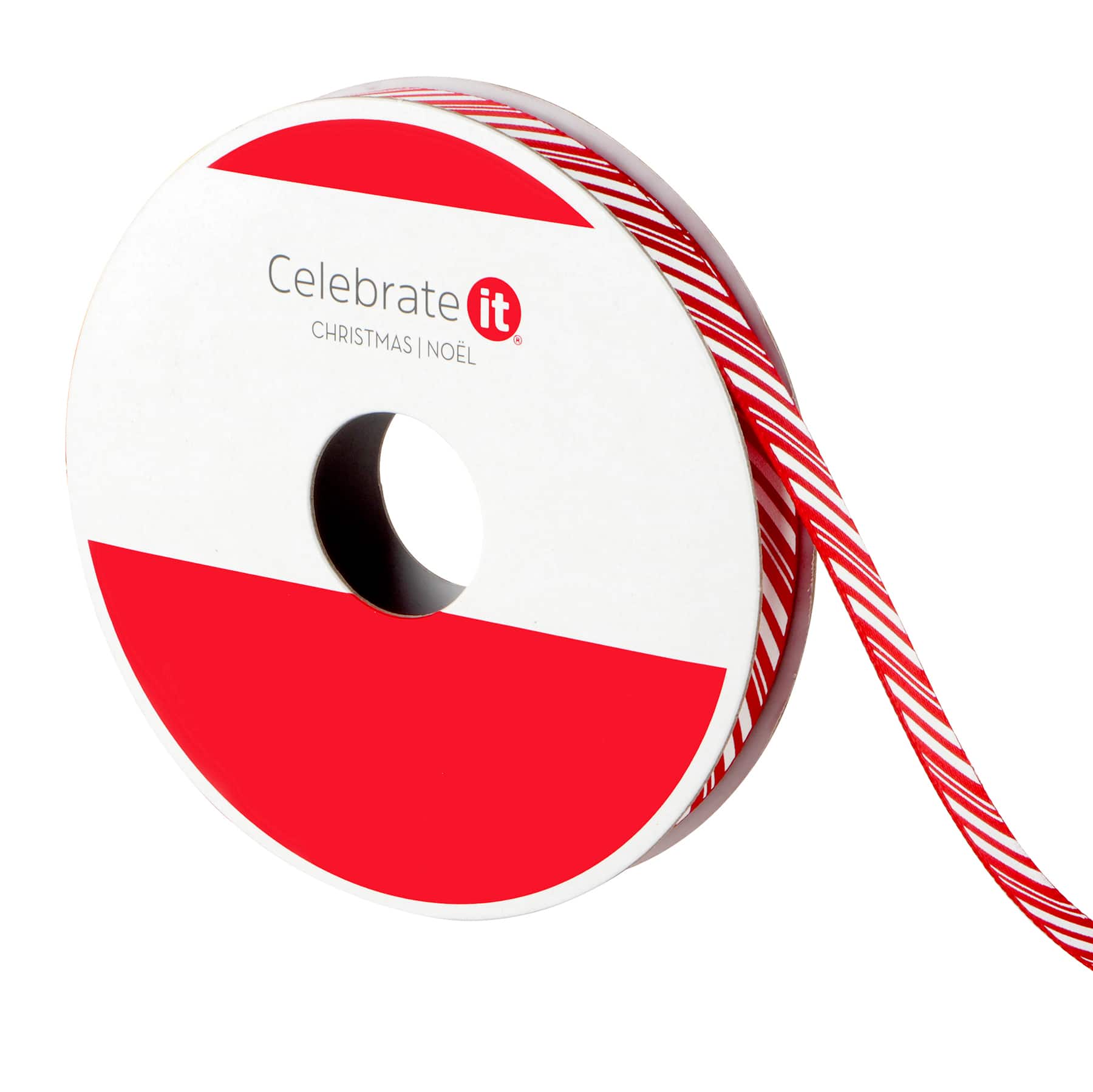 3/8&#x22; x 12ft. Red &#x26; White Diagonal Stripes Ribbon by Celebrate It&#xAE; Christmas