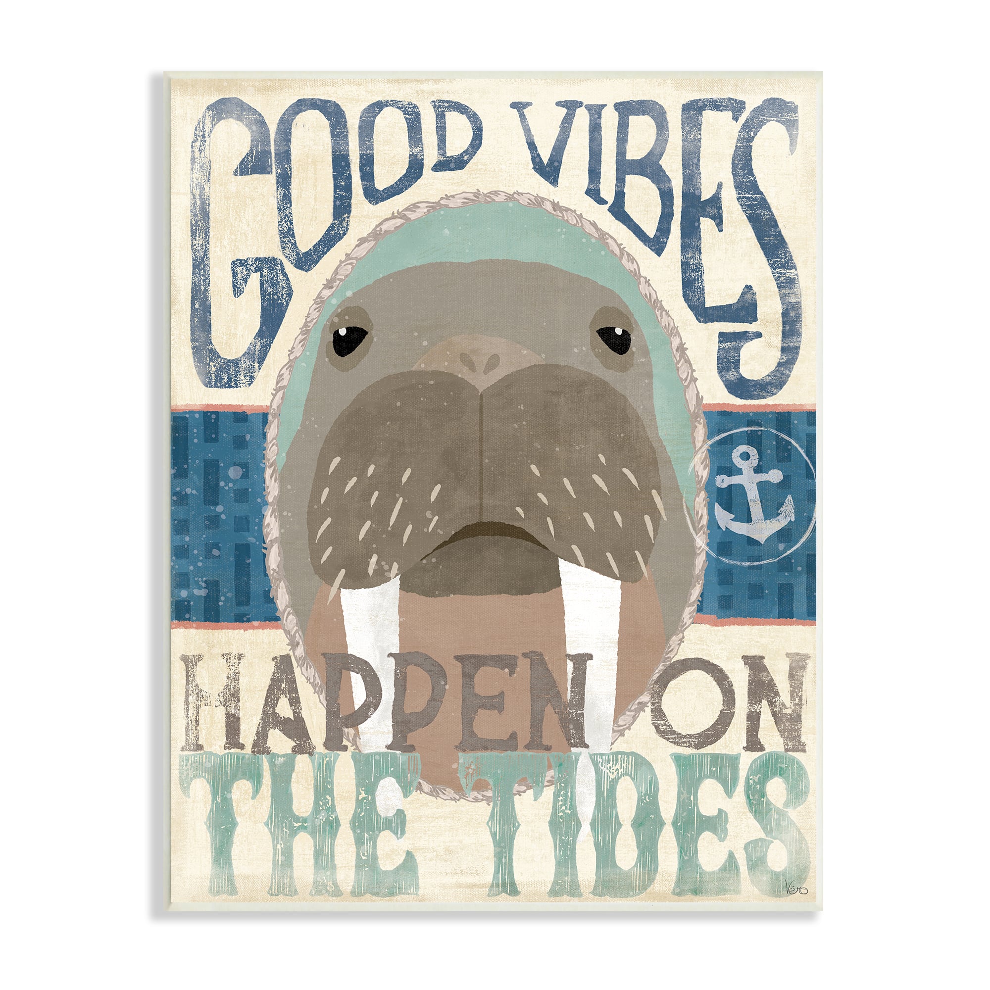 Stupell Industries Good Vibes Happen On Tides Nautical Phrase Walrus Wall Plaque