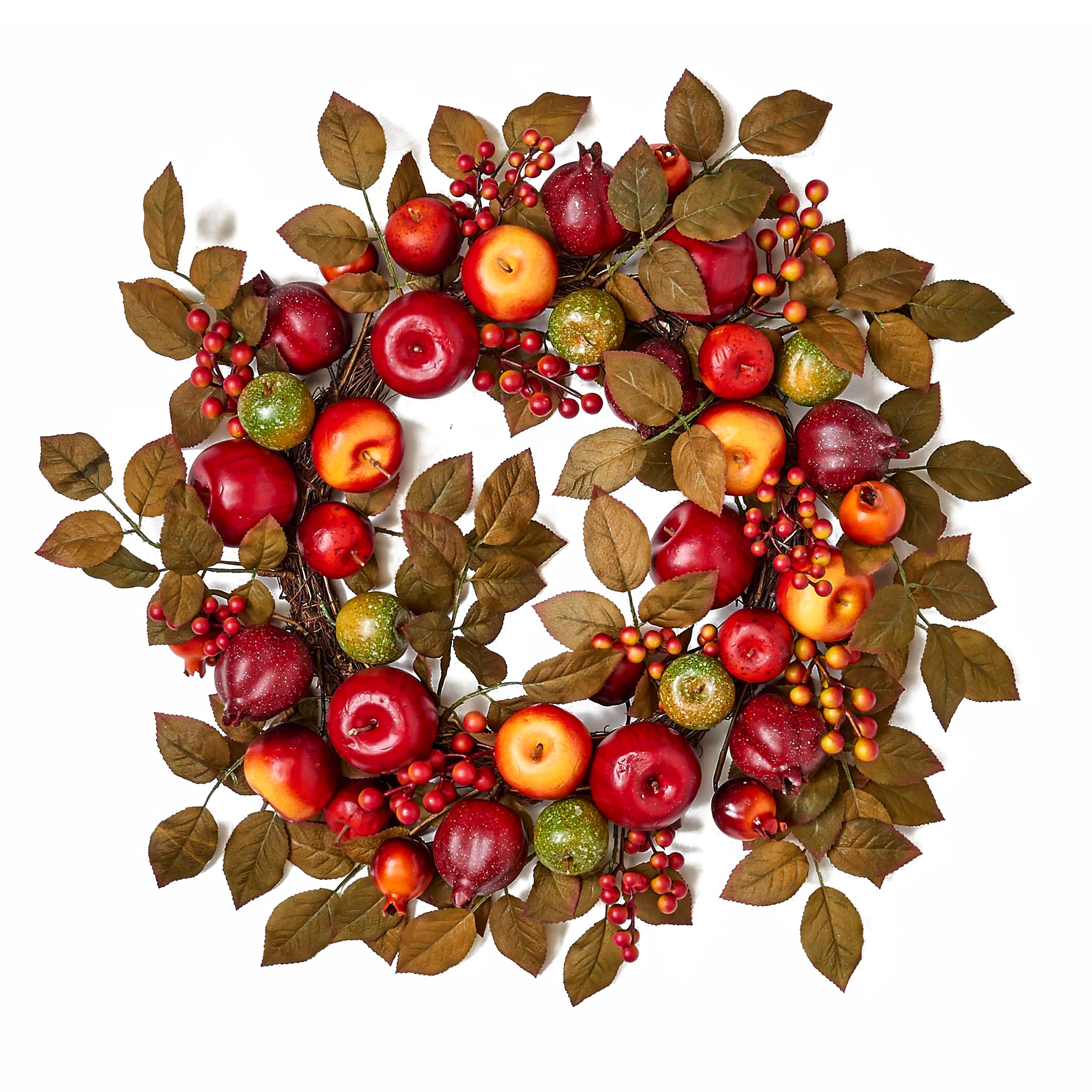 24" Mixed Artificial Apple Pomegranate & Leaf Wreath on Natural Twig Base
