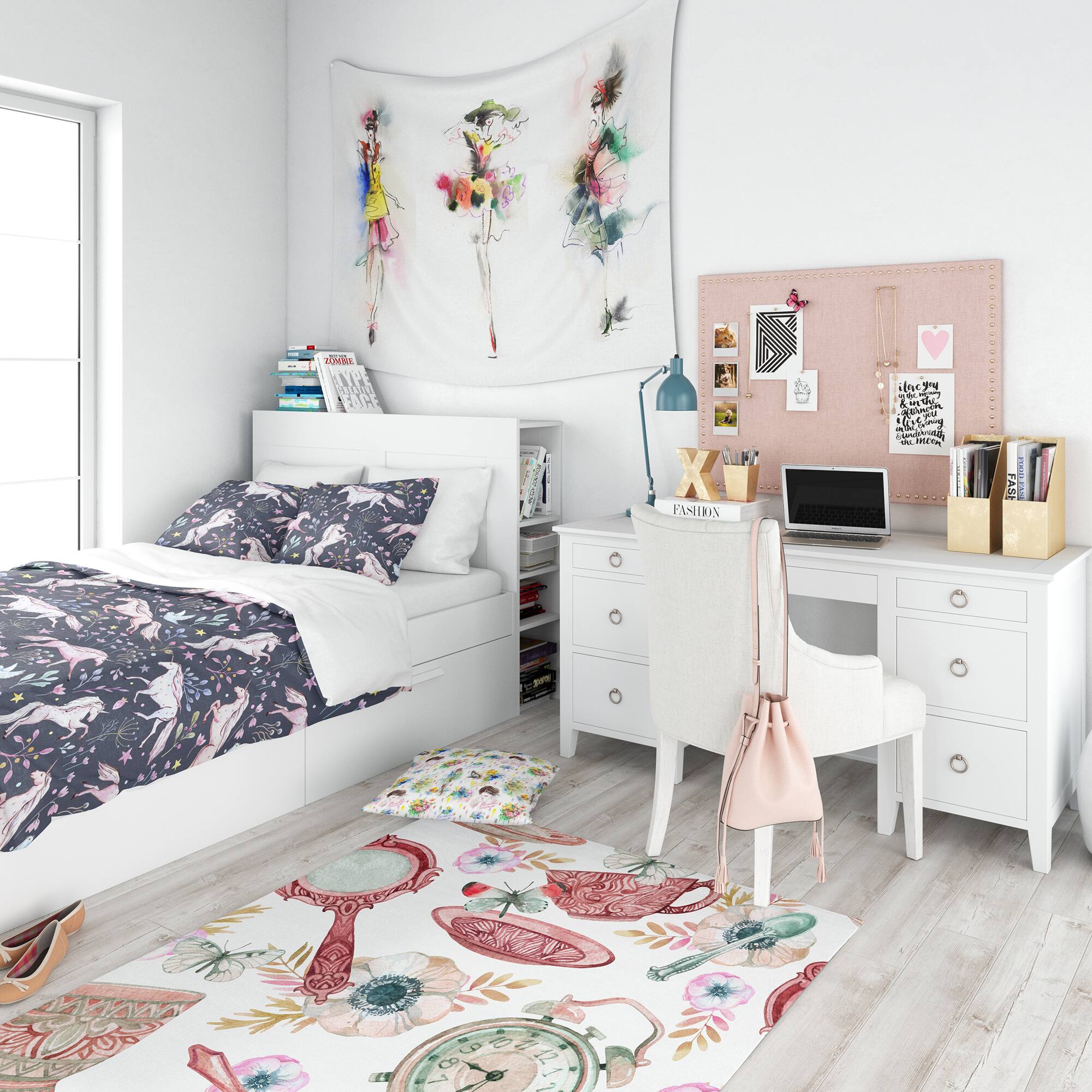 Designart &#x27;Watercolor Unicorn Pattern&#x27; Modern Teen Bedding Set - Duvet Cover &#x26; Shams