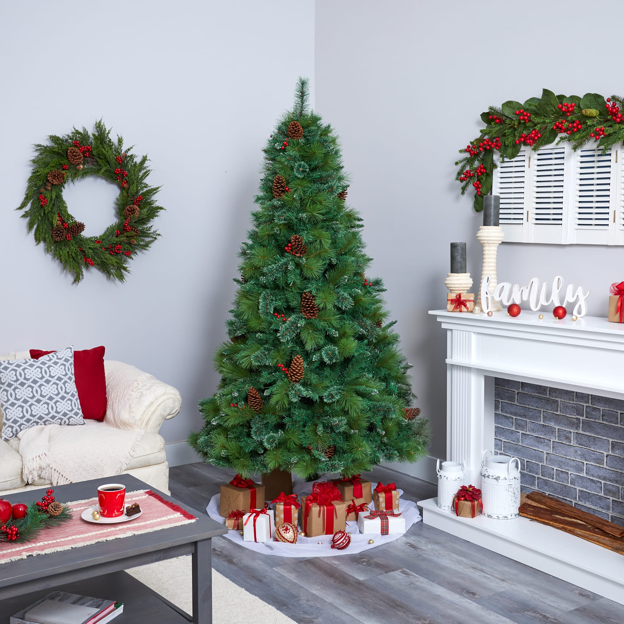 7ft. Pre-Lit Montana Mixed Pine, Pinecones &#x26; Berries Artificial Christmas Tree with Clear LED Lights