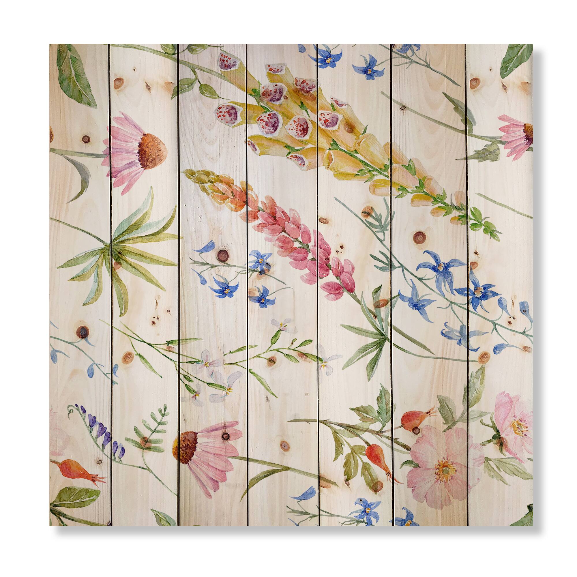 Designart - Vibrant Summer Wildflowers I - Traditional Print on Natural Pine Wood