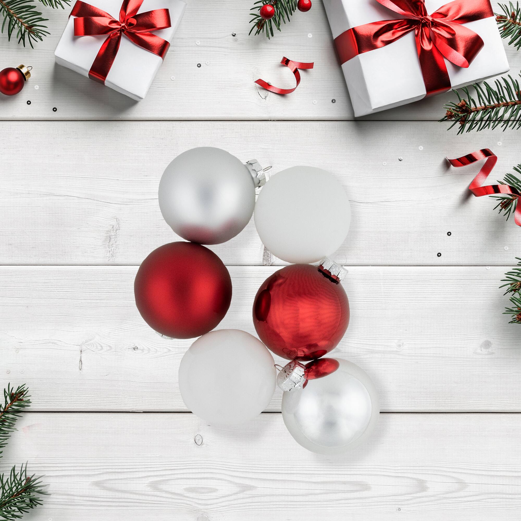 72ct. 2-Finish Red, Silver &#x26; White Glass Ball Ornaments