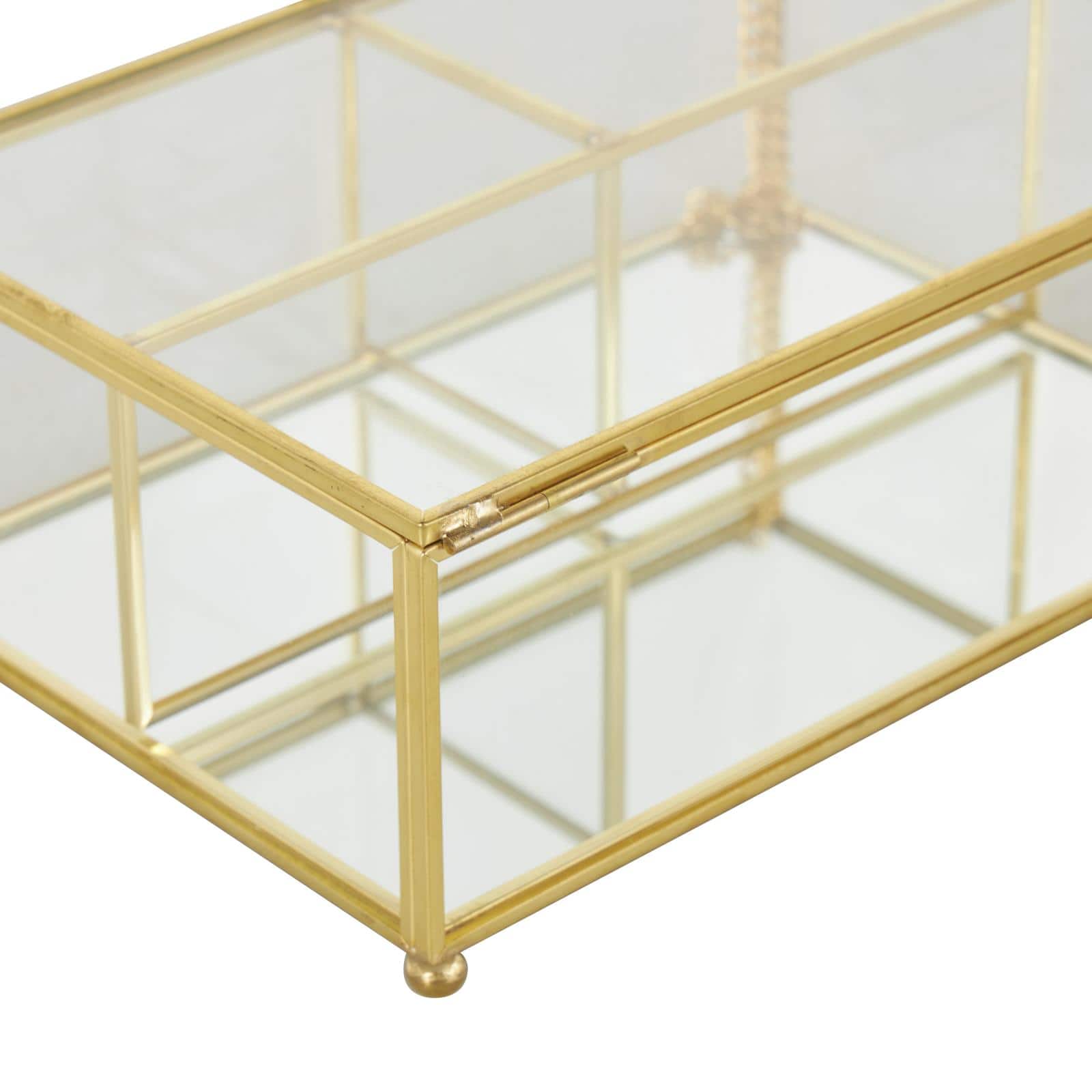 7&#x22; x 5&#x22; x 3&#x22; Clear &#x26; Gold 3-Slot Glass &#x26; Metal Jewelry Box with Chain Accent