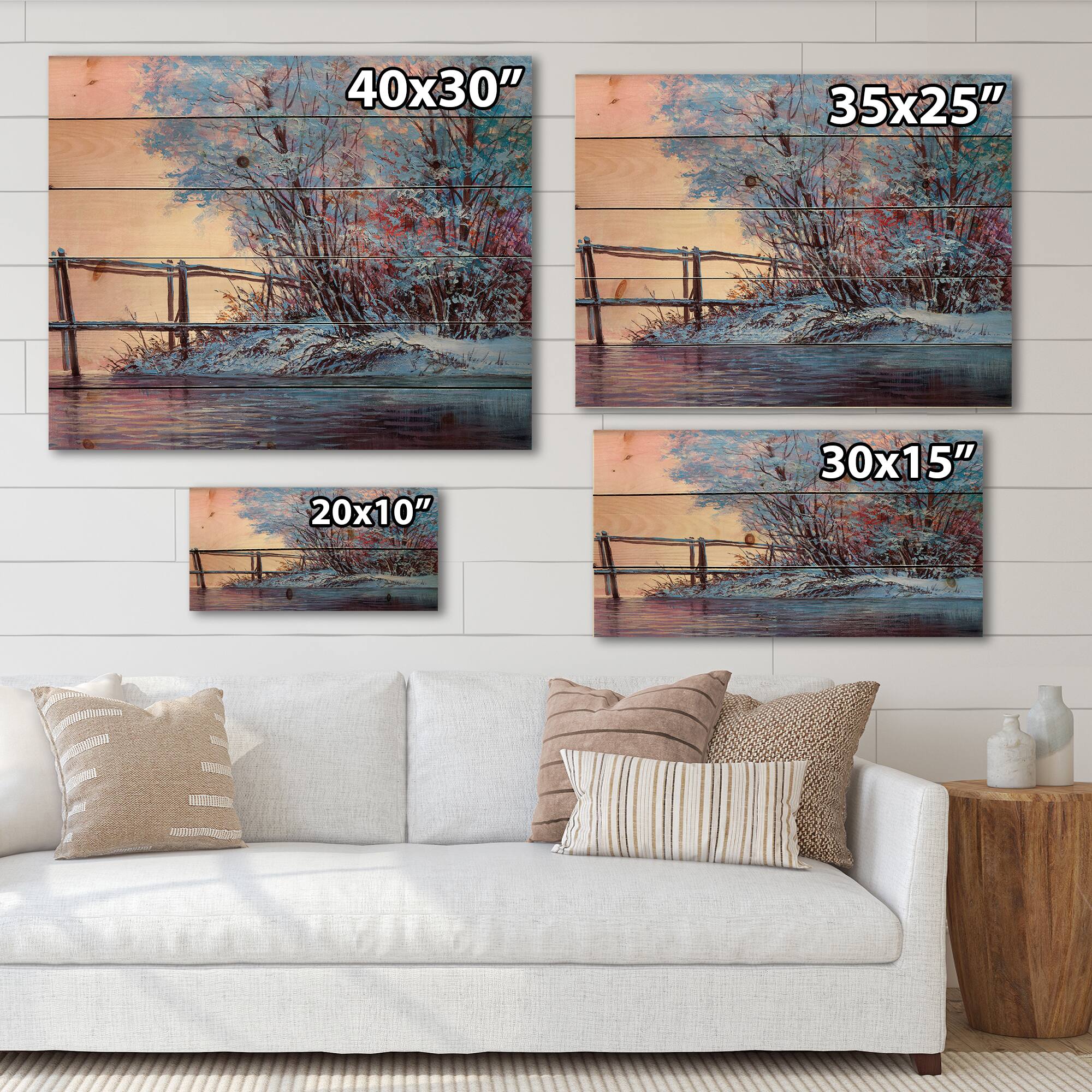 Designart - Winter Scenery With Bridge Of Meandering River I - Lake House Print on Natural Pine Wood