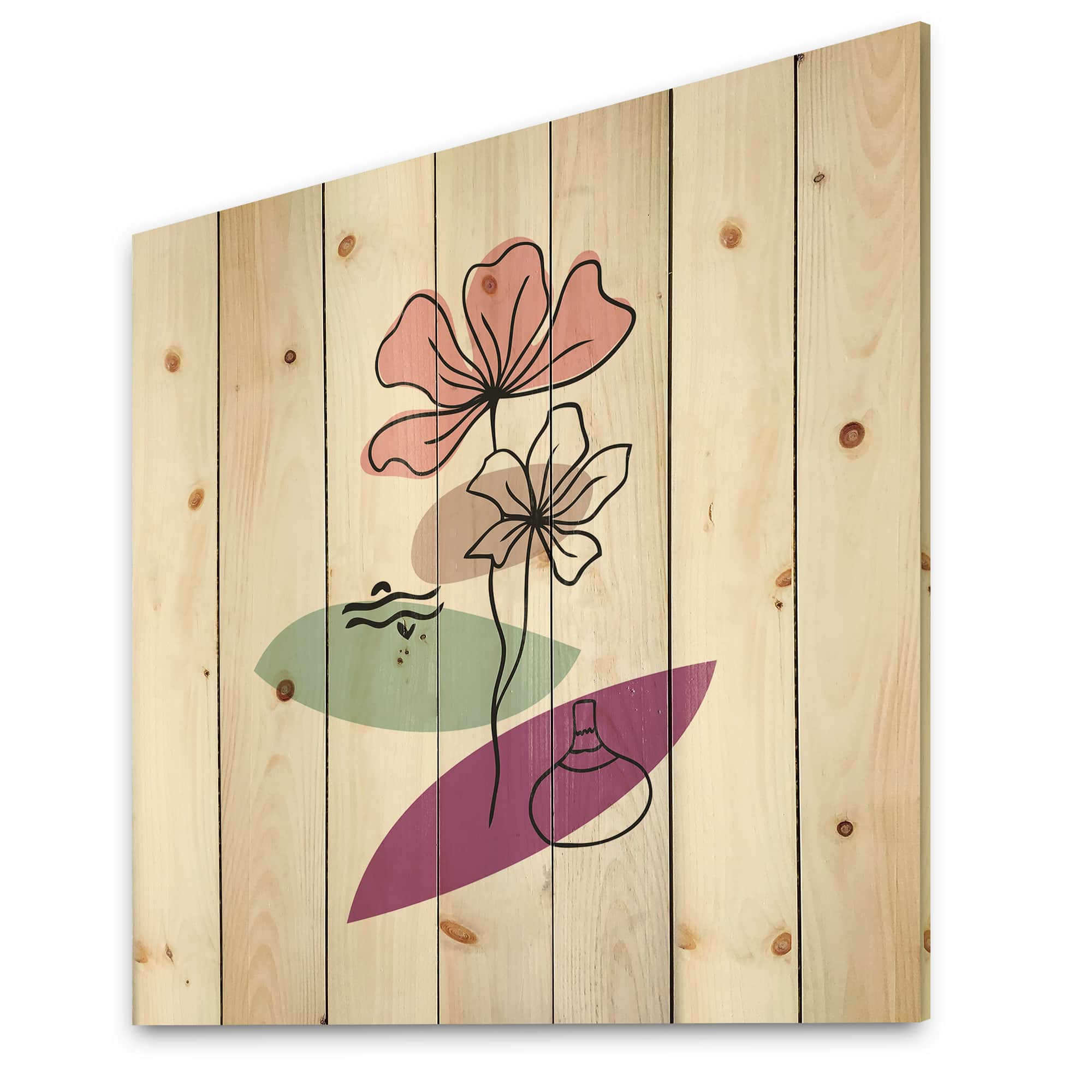 Designart - Elementary Shapes With Abstract Flowers Plants IV - Modern Print on Natural Pine Wood