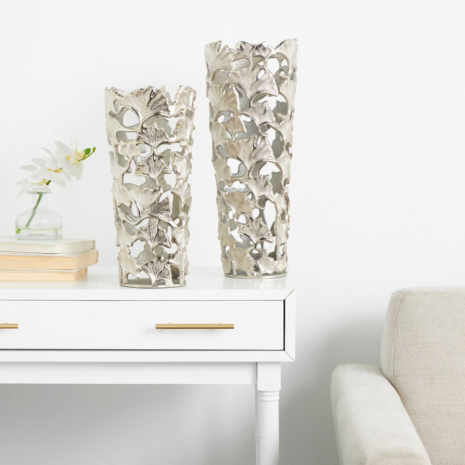 Silver Aluminum Vase with Gingko Leaf Design Set