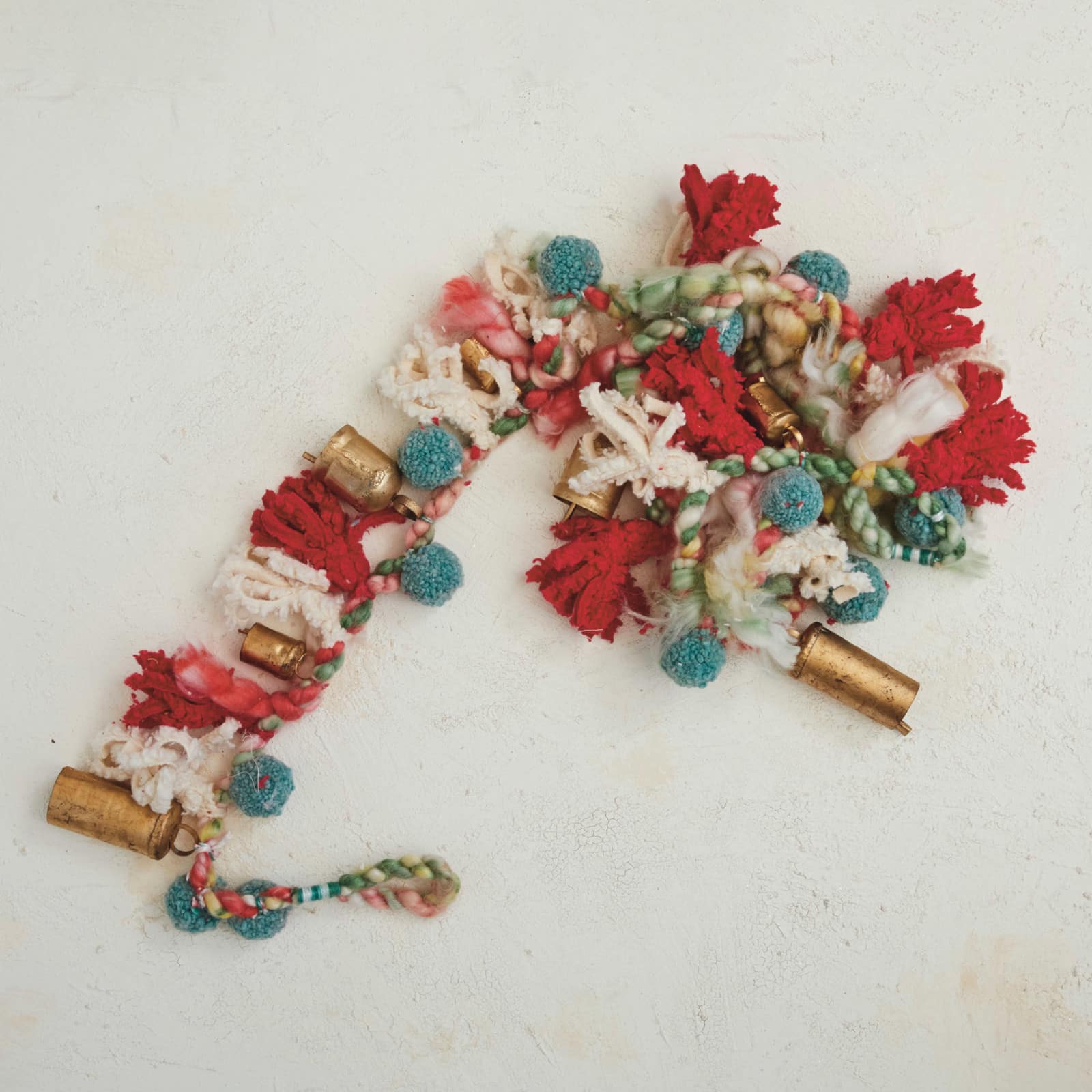Hello Honey 6ft. Multicolor Handmade Wool &#x26; Cotton Blend Garland with Pom Poms &#x26; Antique Gold Metal Bells