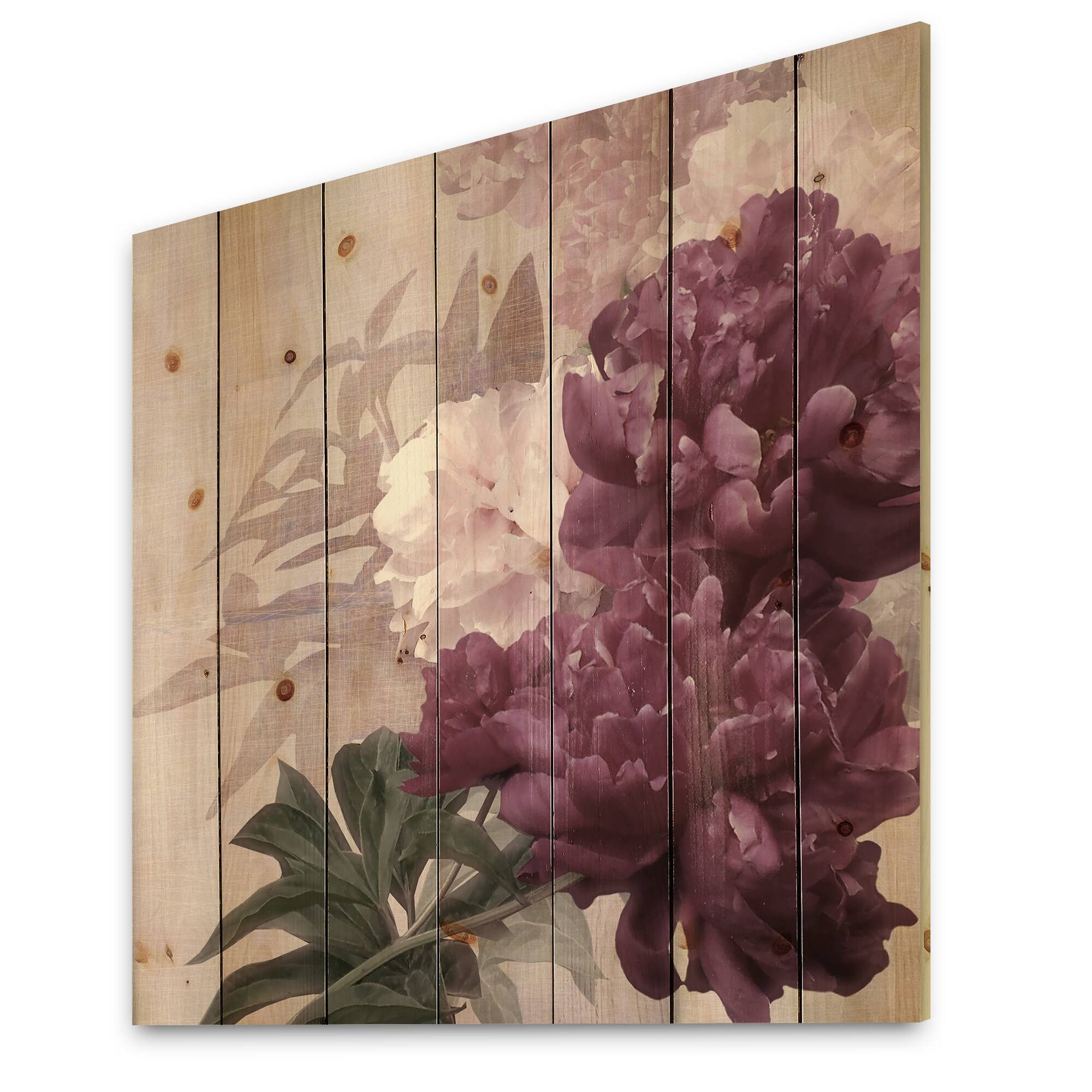 Designart - Vintage Purple and Pink Flowers I - Traditional Print on Natural Pine Wood