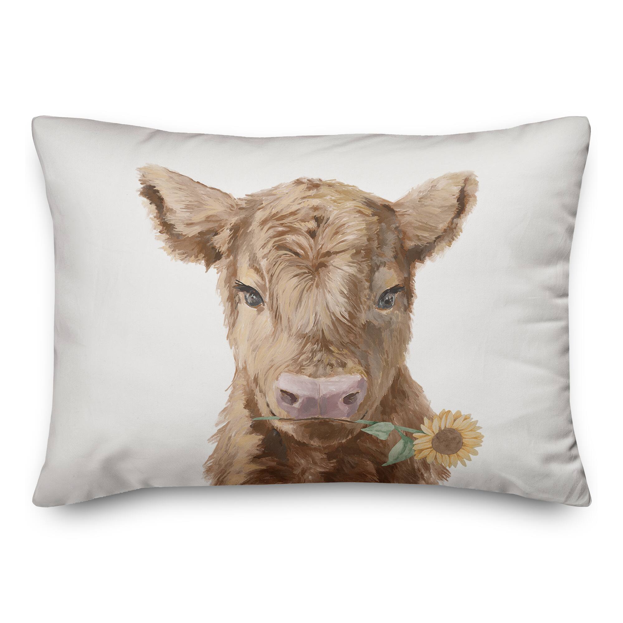 Baby Highland Cow with Sunflower Indoor &#x26; Outdoor Throw Pillow
