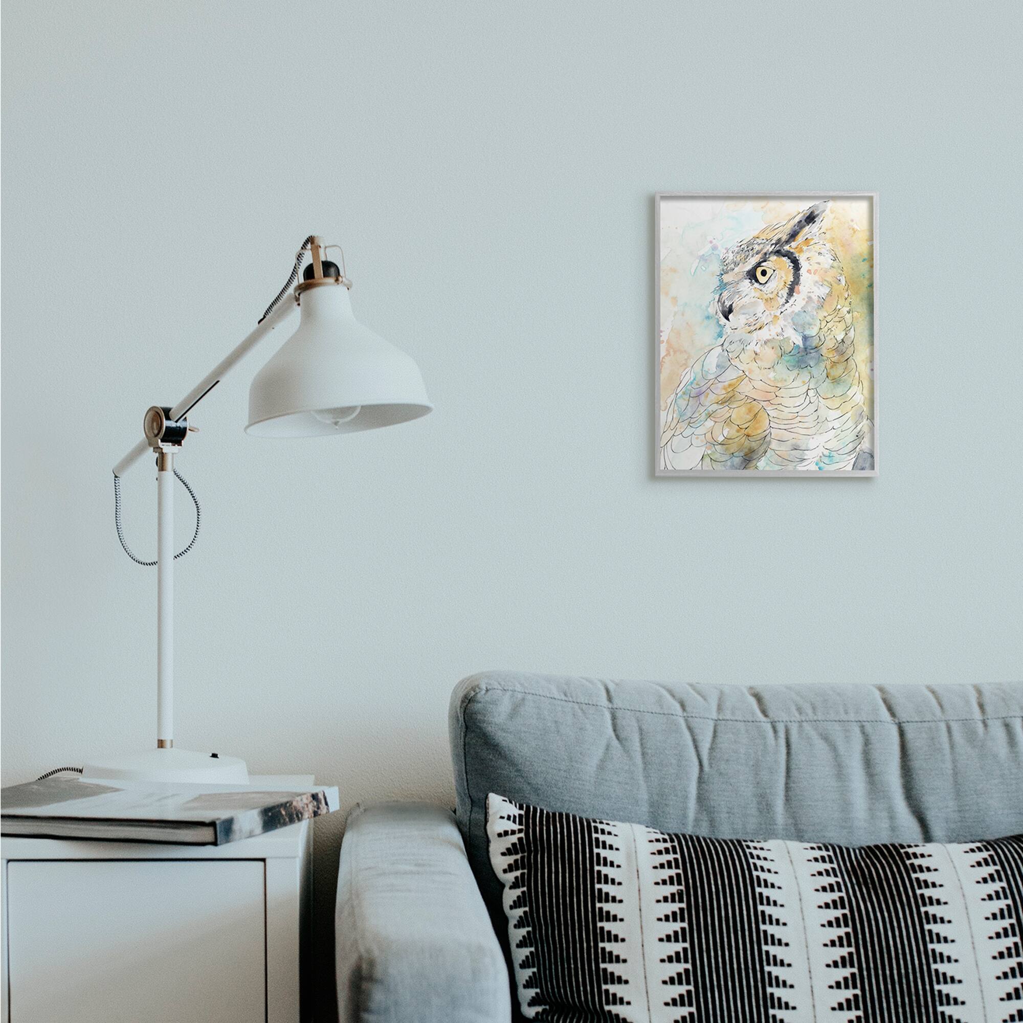 Stupell Industries Owl Side Eye Portrait Woodland Bird Watercolor in Gray Frame Wall Art