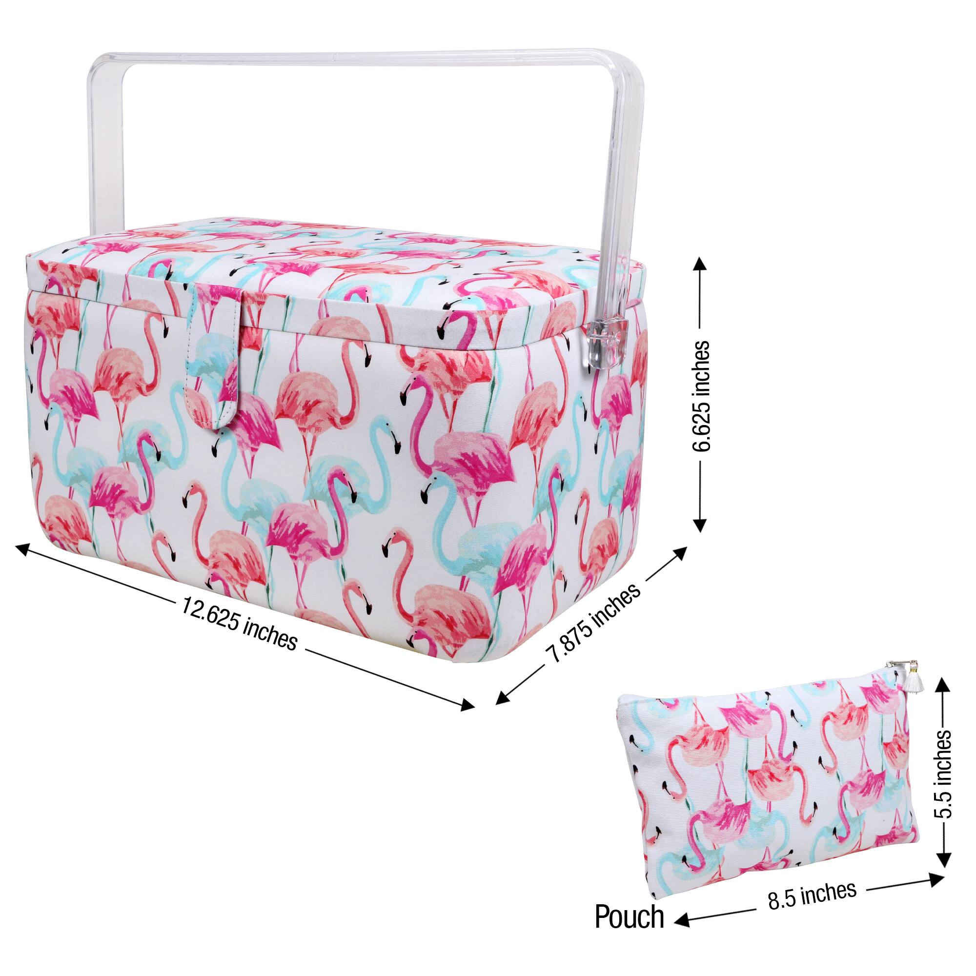 SINGER® Large Flamingo Print Sewing Basket with Matching Pouch Sew Kit