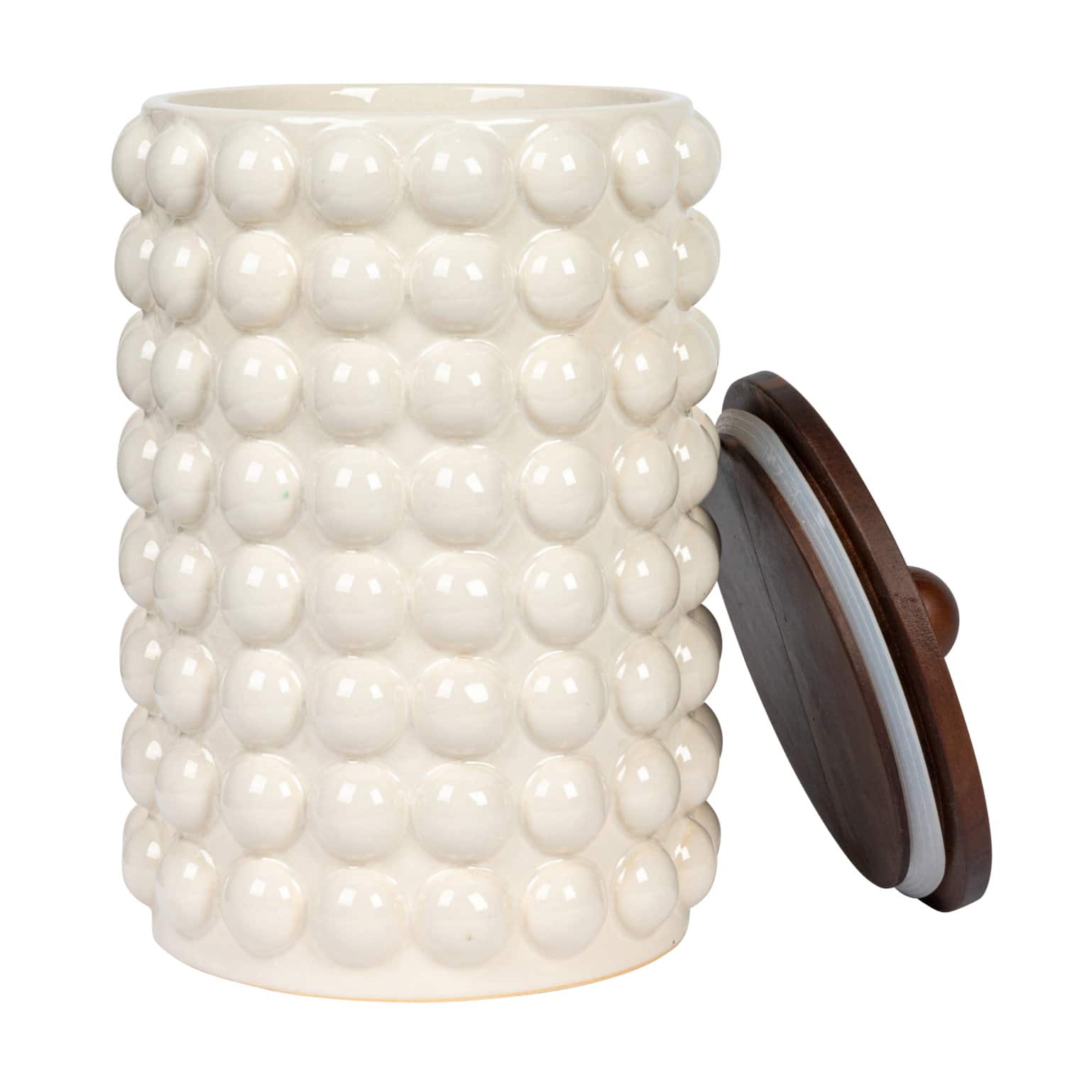 Hello Honey® White Raised Dots Stoneware Canister with Acacia Wood Lid