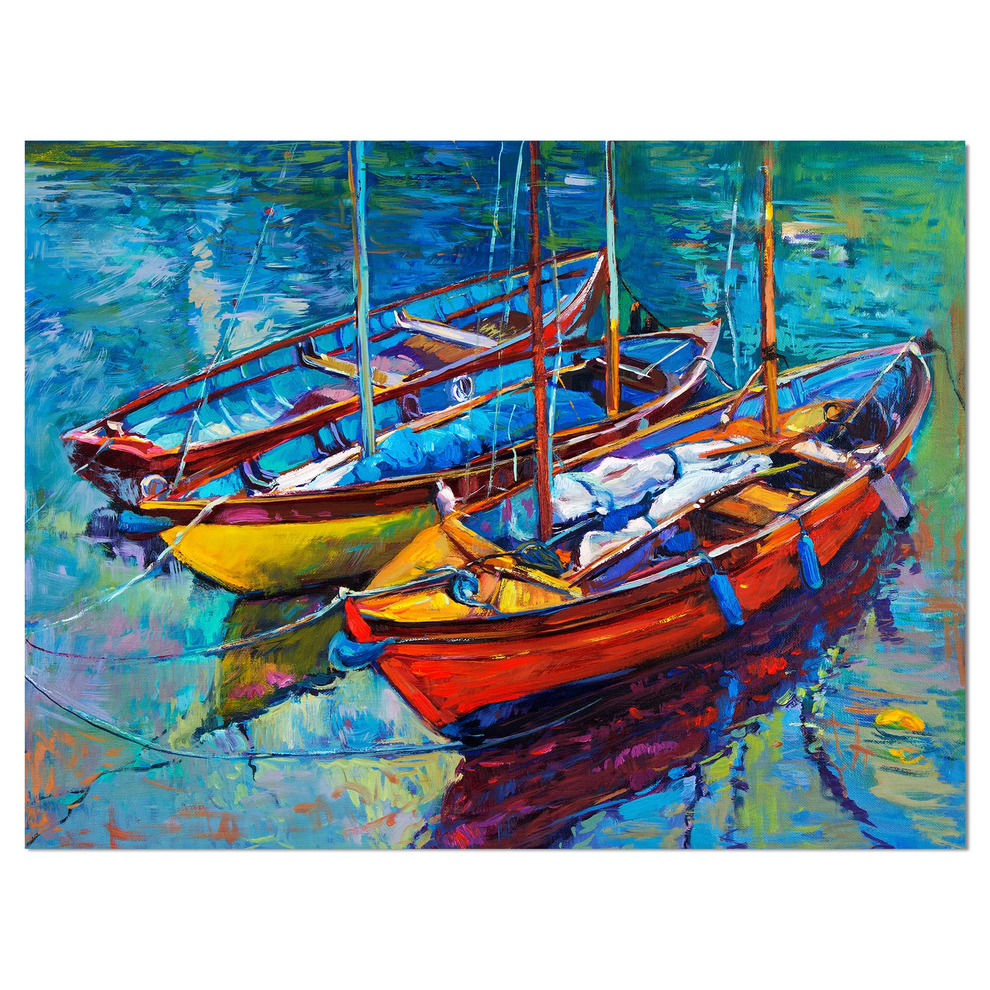 Designart - Three Fishing Boat Oil Painting - Sea & Shore Painting Print on Wrapped Canvas