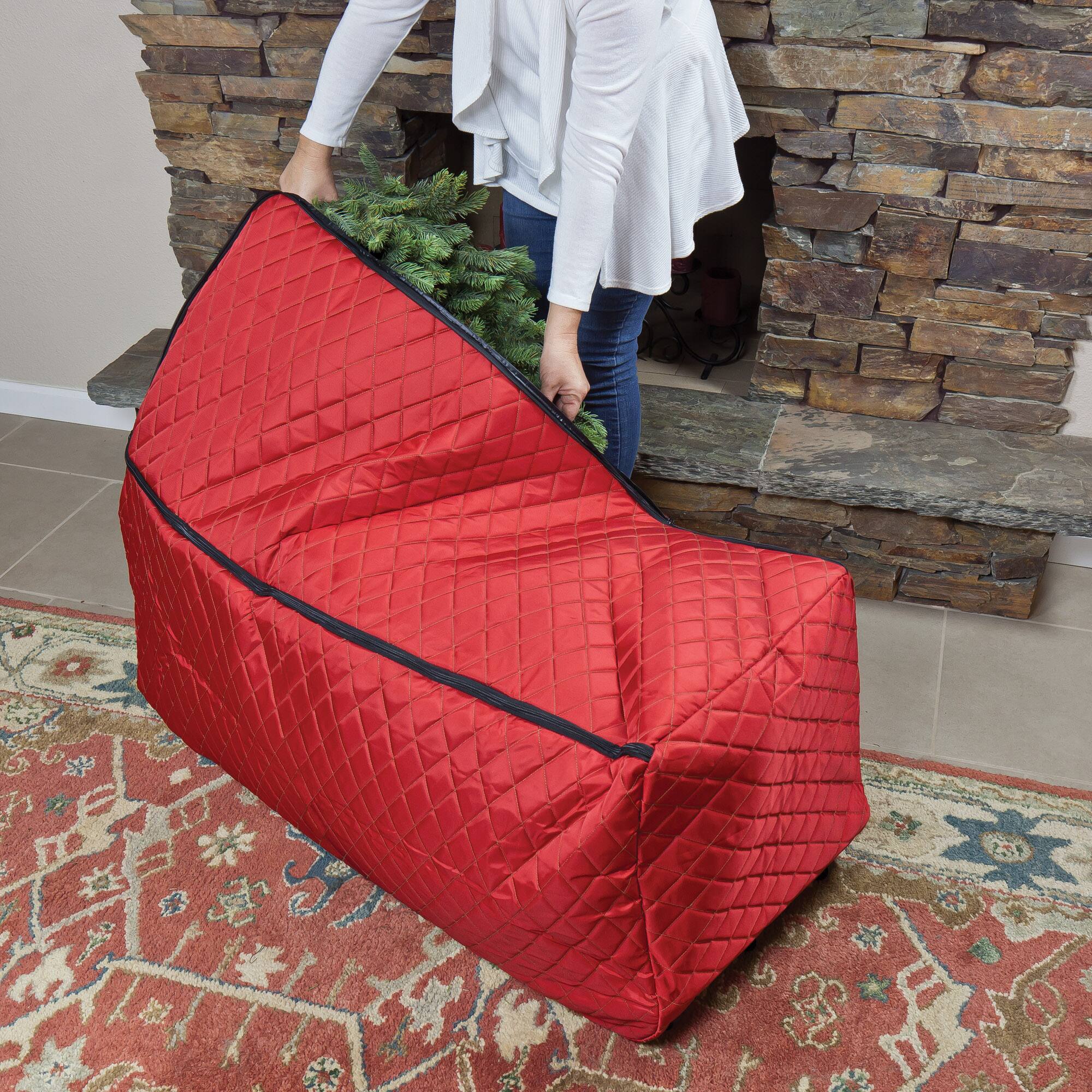 57" Red Quilted Rolling Christmas Tree Storage Bag for Trees up to 9ft.