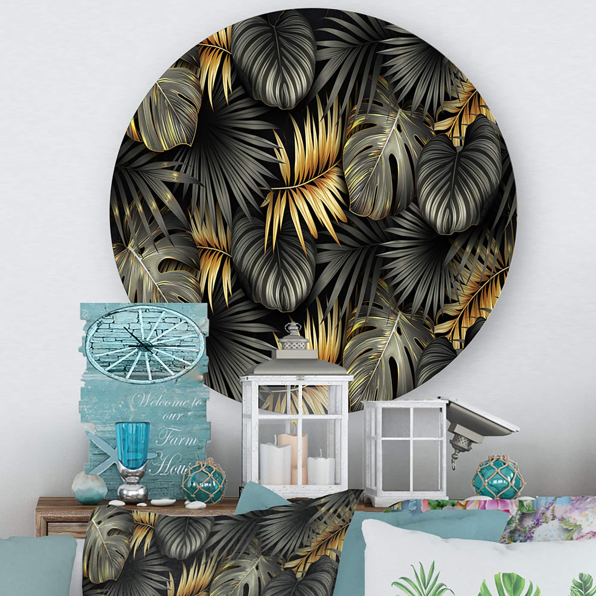 Designart - Black and Gold Tropical Leaves II - Modern Metal Circle Wall Art