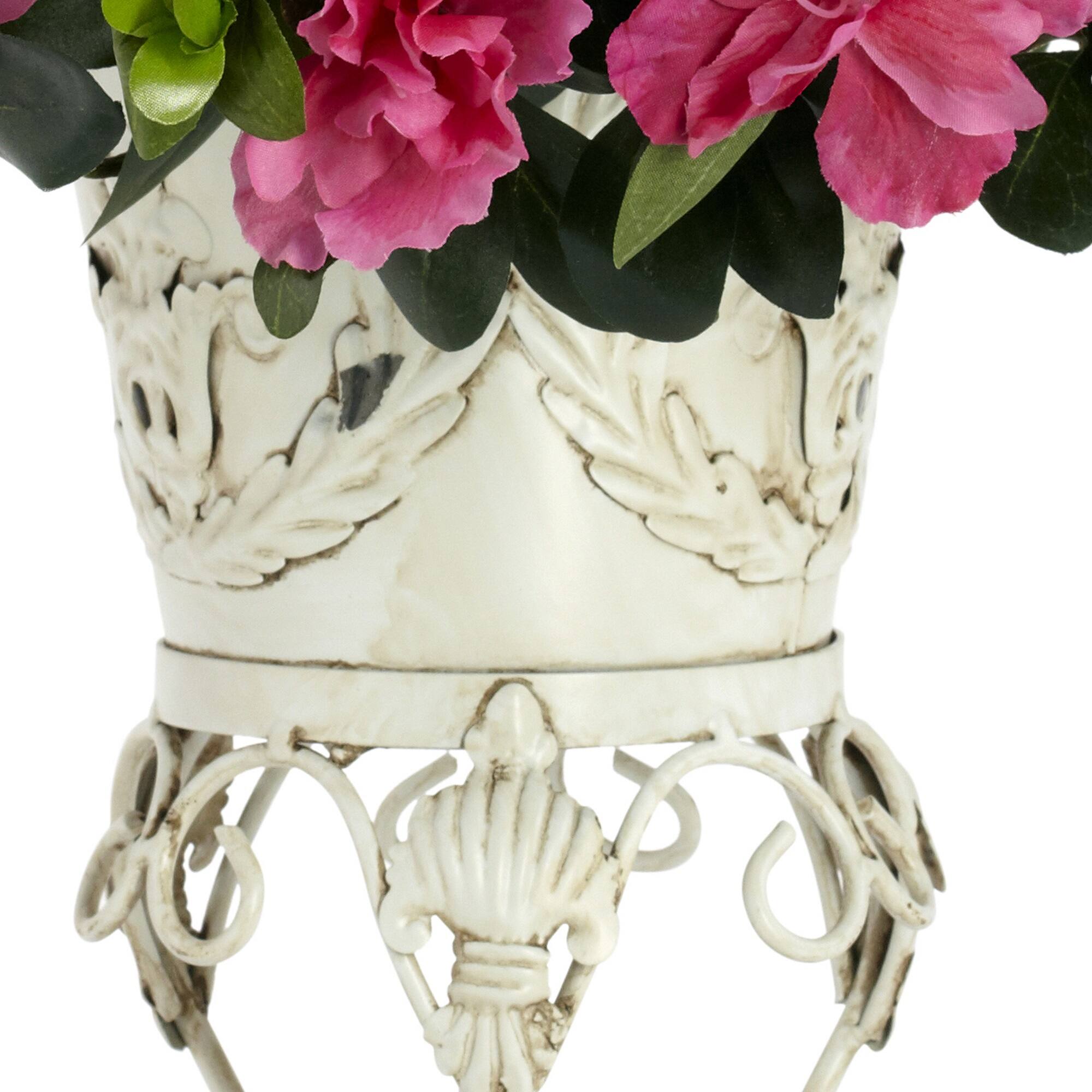19" Pink Azalea with White Metal Planter