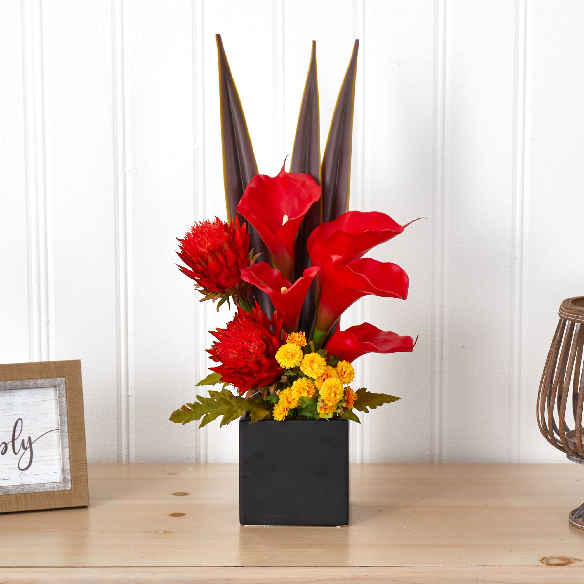 22.5&#x22; Red &#x26; Orange Tropical Floral &#x26; Calla Lily Mixed Arrangement in Vase