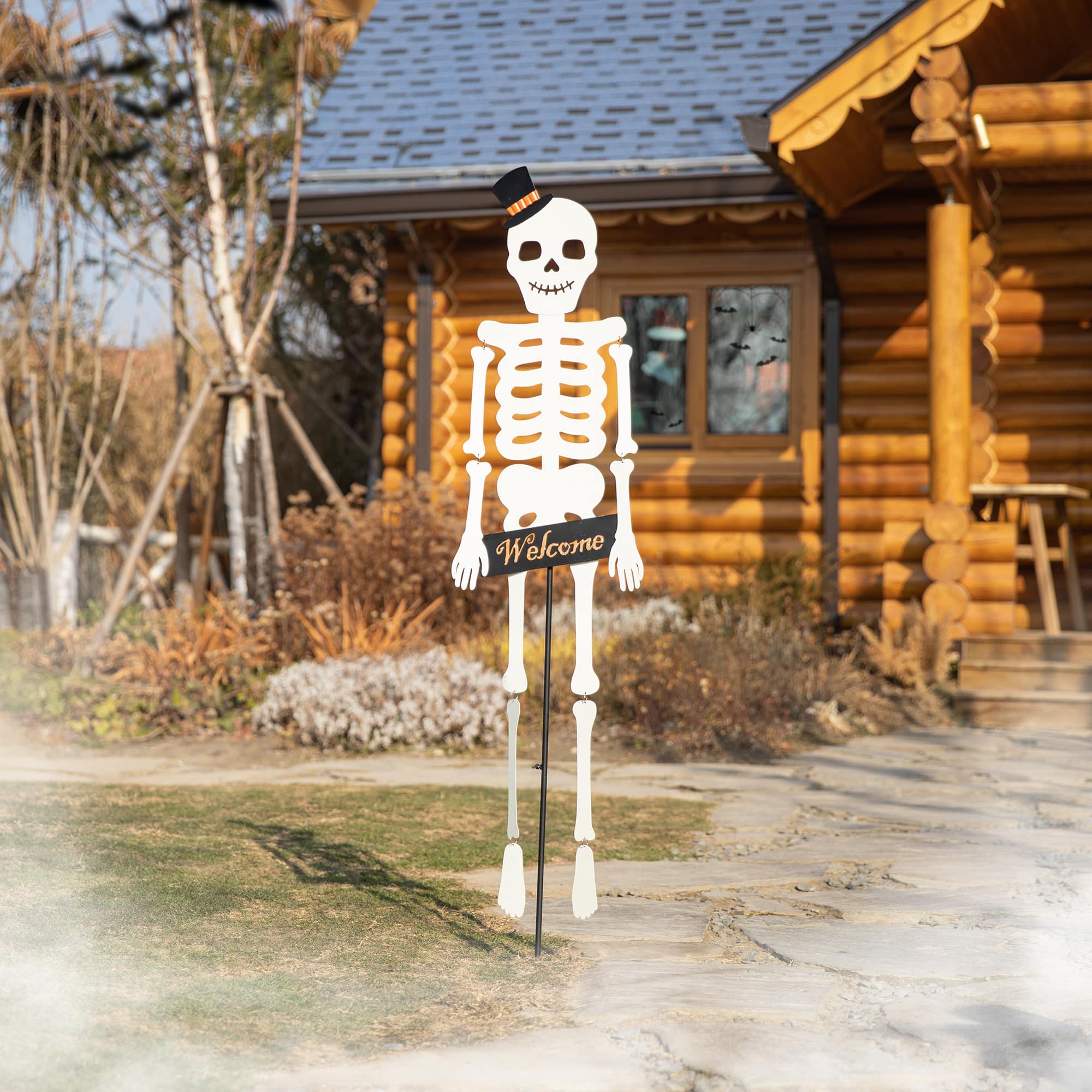 Glitzhome&#xAE; 60&#x22; Halloween &#x22;WELCOME&#x22; Metal Dangling Skeleton Yard Stake